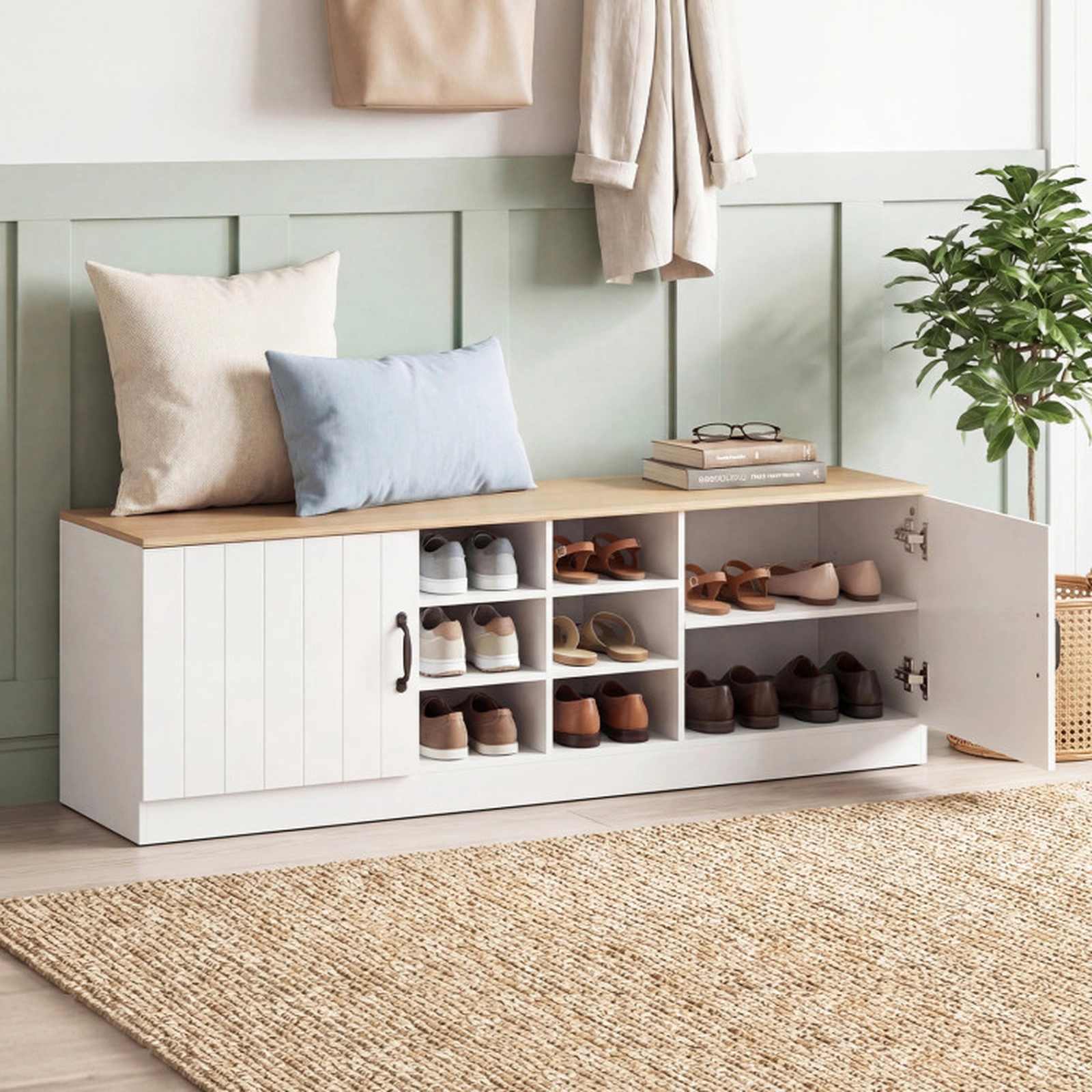 SUGIFT 2-Door Shoe Bench Storage Cabinet with Adjustable Shelves 300-lb Top Capacity 44-lb Shelves 22-lb Compartments