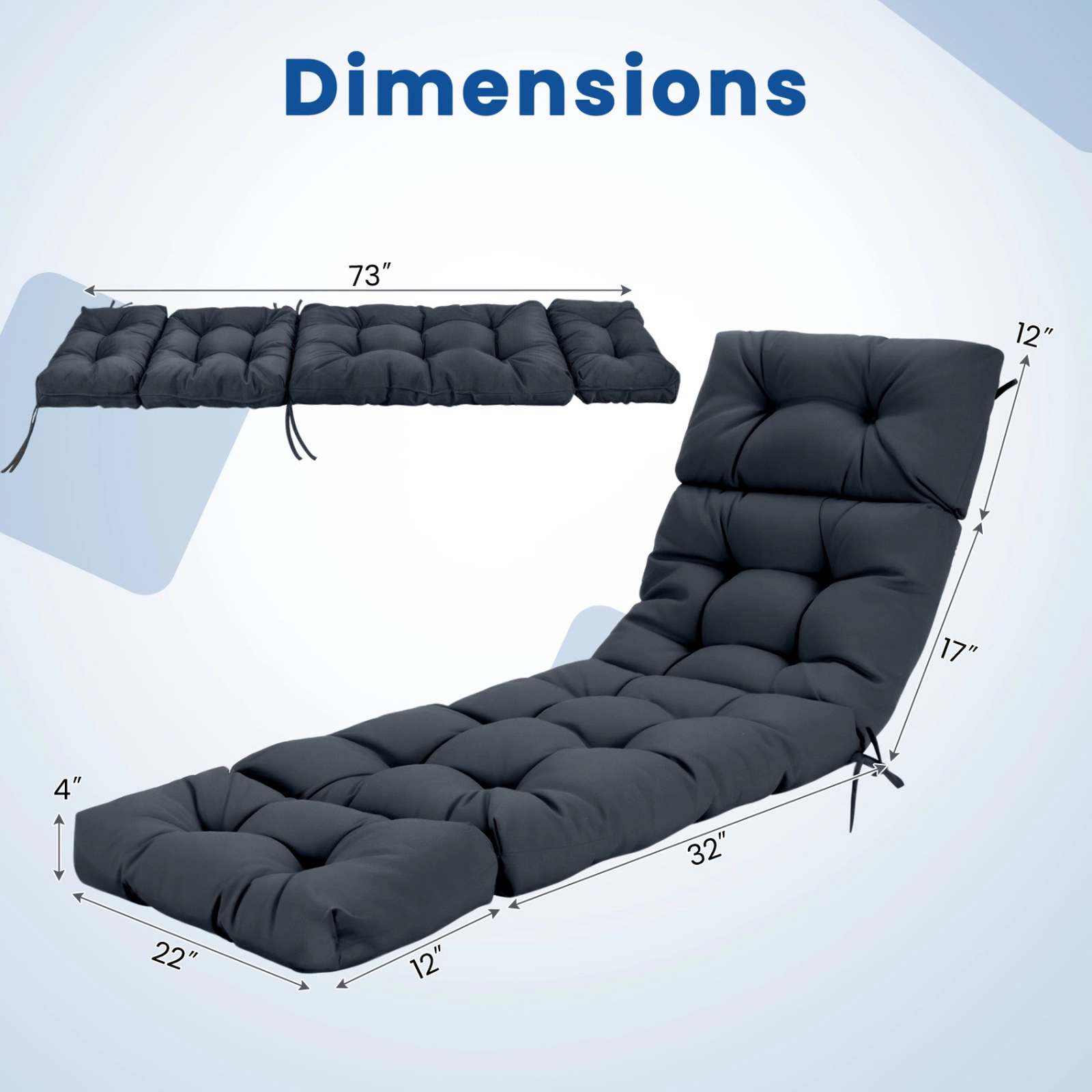 SUGIFT 2-Pack 73-in x 22-in Gray Waterproof Outdoor Lounge Chaise Cushions with High Back and 4 String Ties