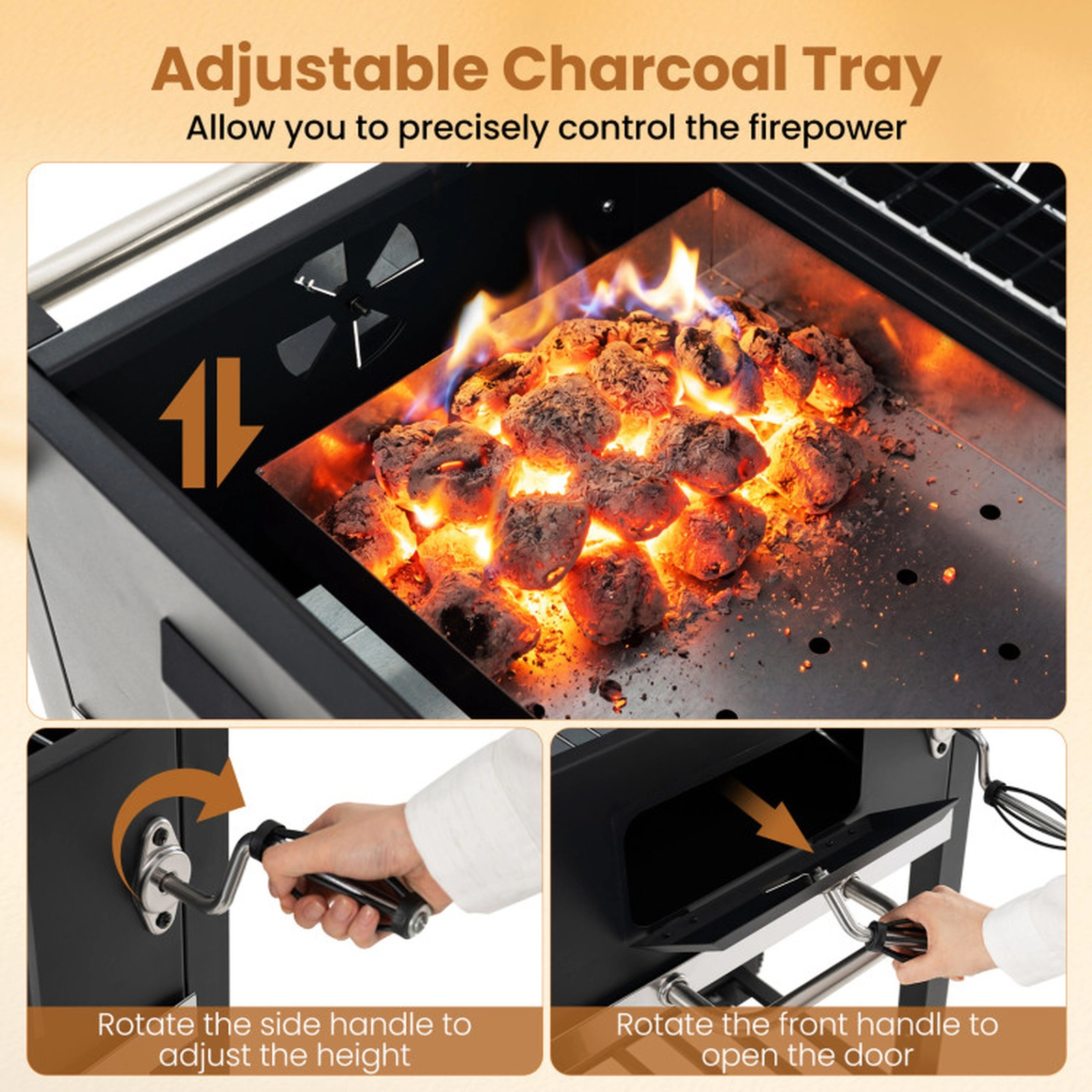 SUGIFT Portable Black Charcoal Barbecue Grill with Adjustable Charcoal Tray Thermometer and Wheels