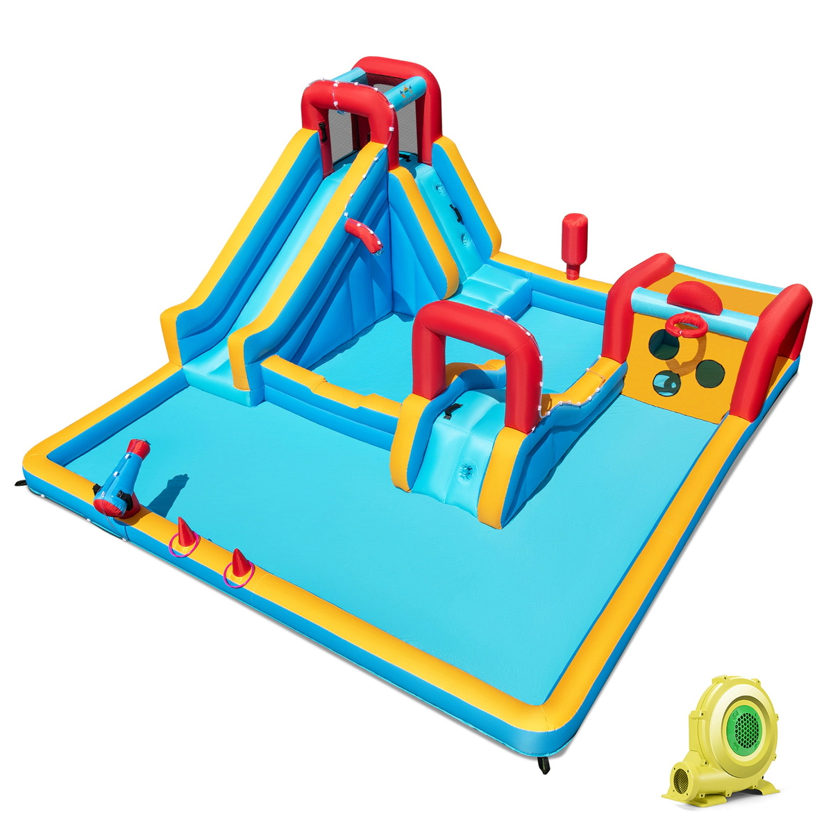 SUGIFT 9-in-1 Inflatable Double Water Slide Bounce House with Sprinkler Ramp Boxing Post and 735W Blower