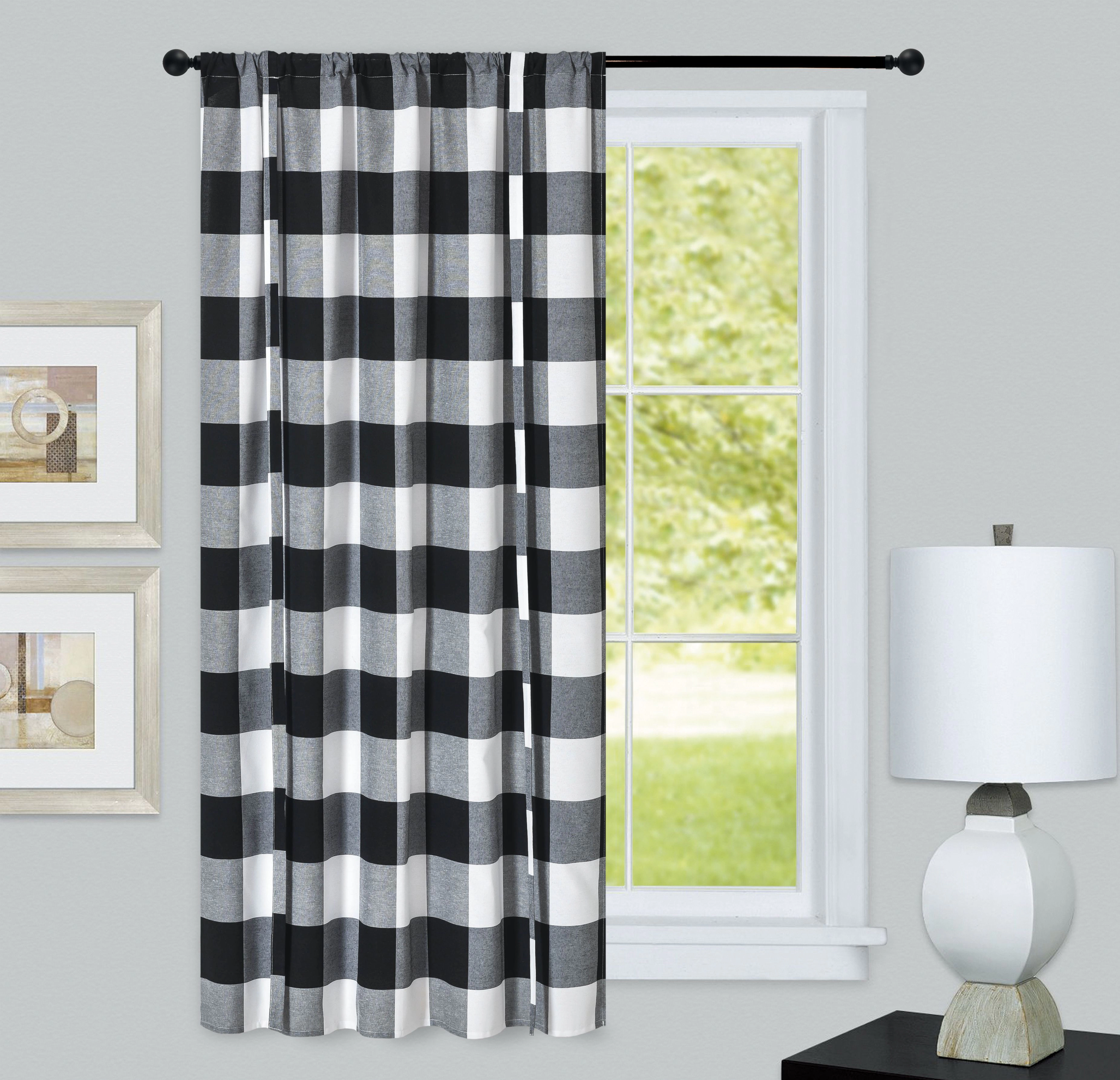 Kate Aurora Country Farmhouse Rod Pocket Buffalo Plaid Gingham Tie Up Window Curtain Panel