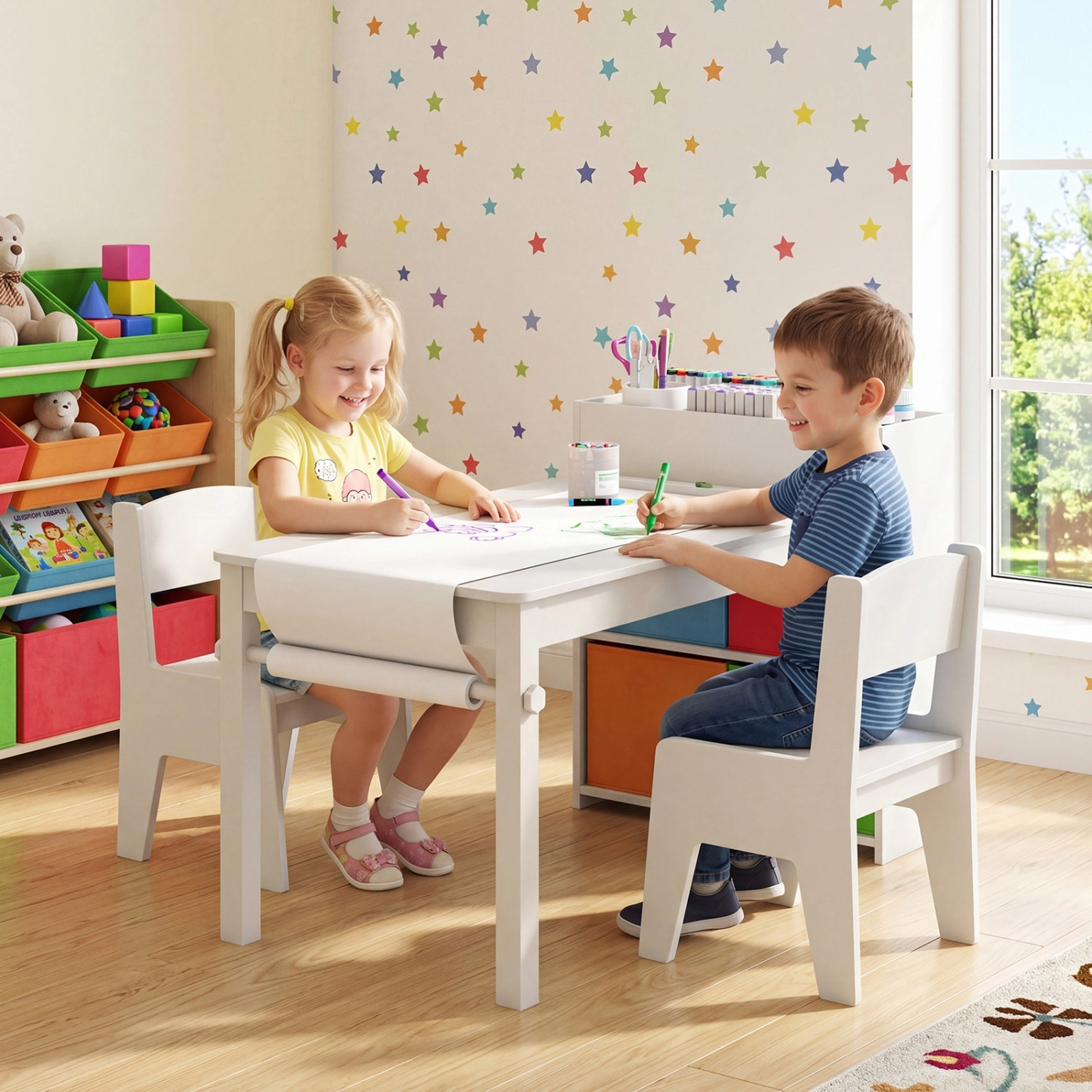 SUGIFT Kids Craft Table and 2 Chairs, White Activity Desk with Paper Roll Rack