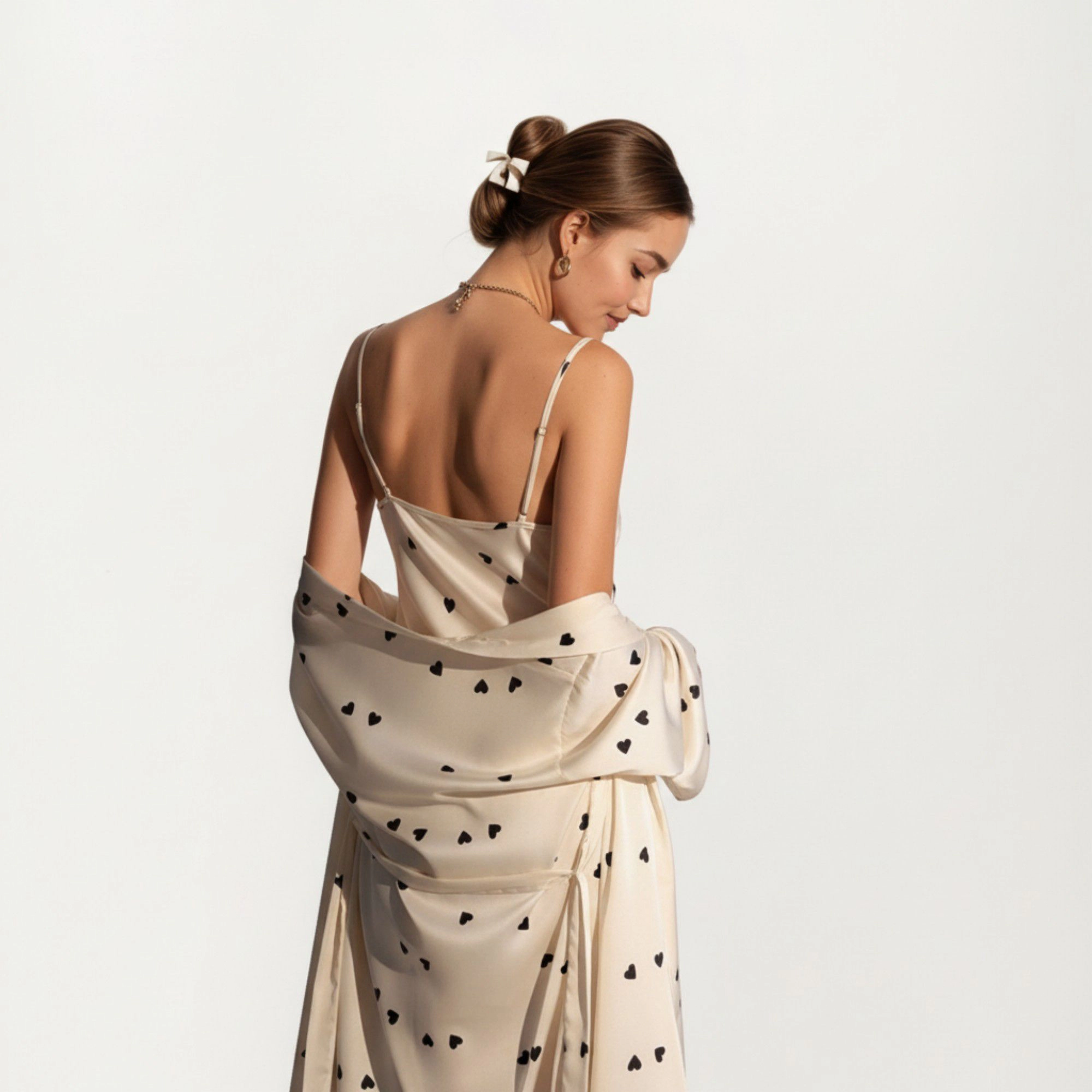 Anna-Kaci Women's 2-Piece Satin Polka Dot Slip Dress with Spaghetti Straps and Matching Tie Waist Robe Layer