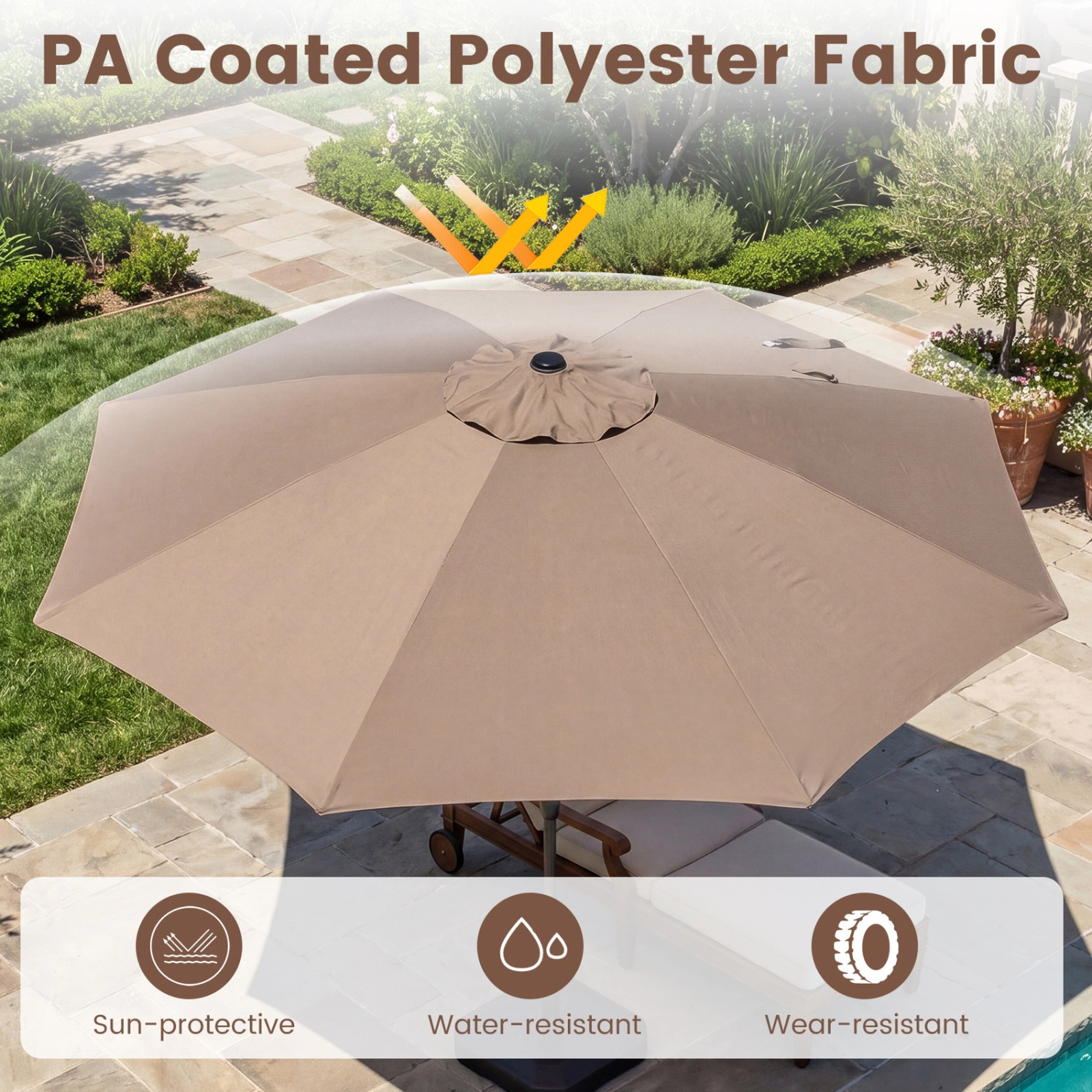 SUGIFT Brown Push Button Tilt Crank Lift and 8 Fiberglass Ribs 10 FT Scalloped Patio Umbrella