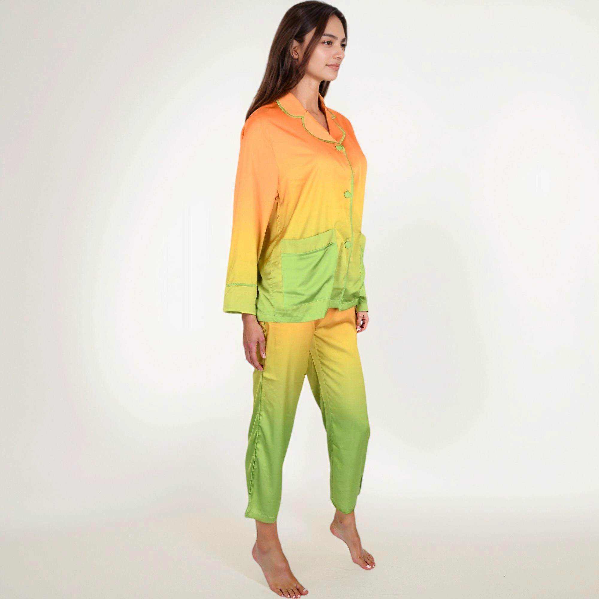 Anna-Kaci Women's Satin Pajama Set with Ombre Gradient Color Block Button Top and Wide Leg Pants