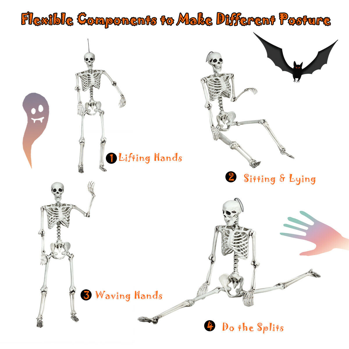SUGIFT 5.4-ft Poseable Joints Hanging Rope Full Body Life Size Halloween Skeleton Prop Decoration 4-lb White