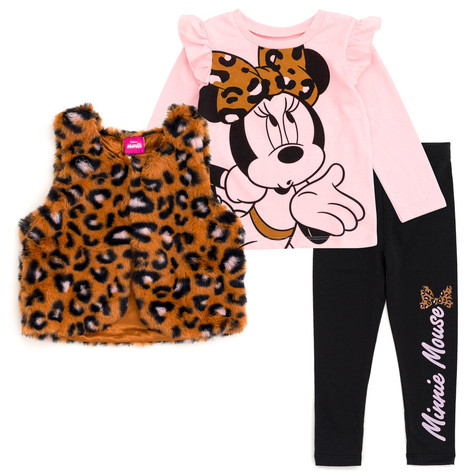 Disney Minnie Mouse Girls' Faux Fur Vest Tee and Leggings Set