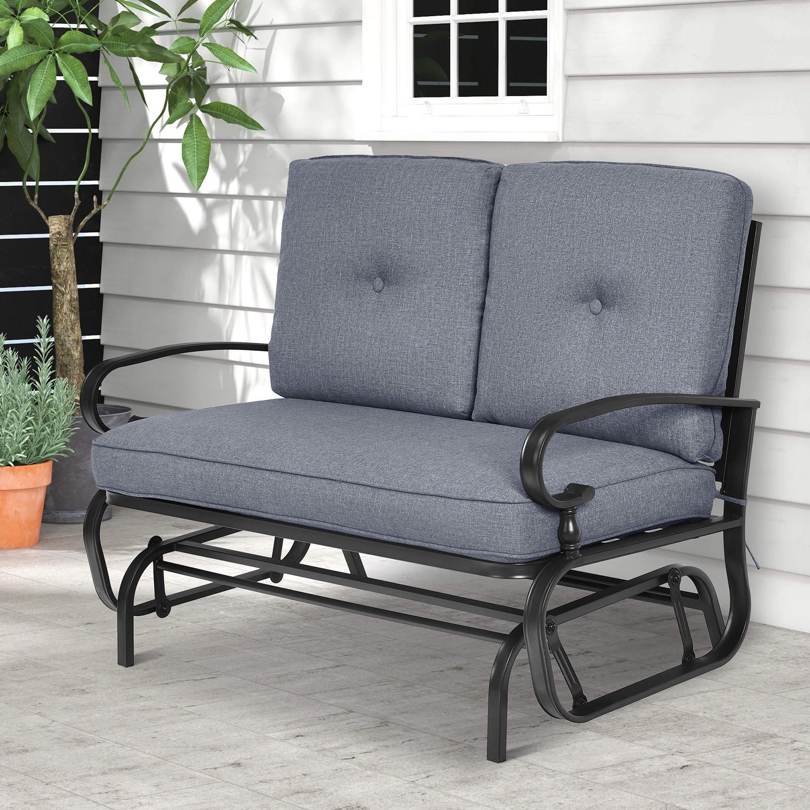 SUGIFT 2-Seat Outdoor Steel Swing Glider Chair with Cushions 440-lb Capacity 47.5-in Frame Patio Bench Gray