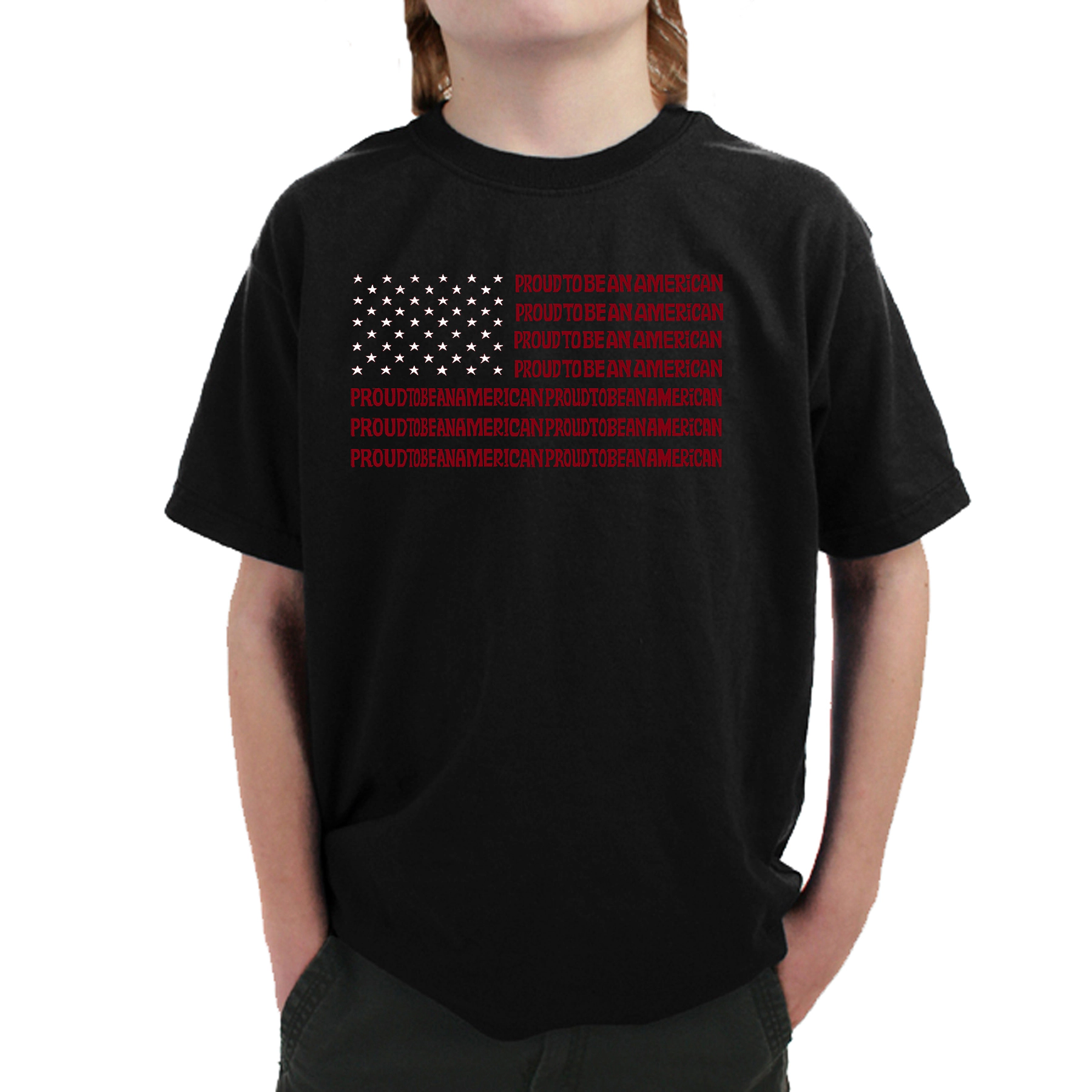LA Pop Art Boy's Word T-Shirt - Proud To Be An American