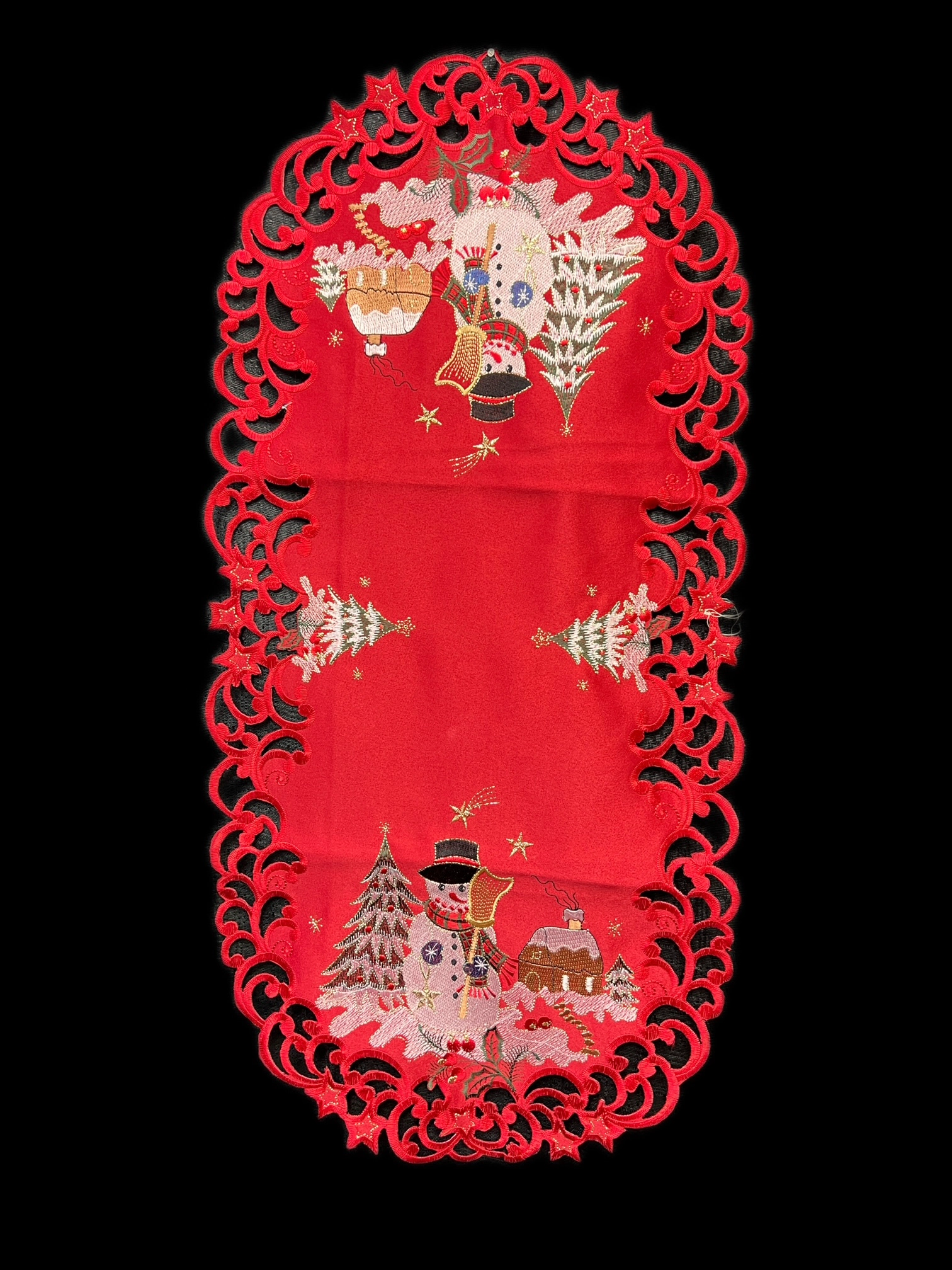 Jiallo Snow Man Embroidered Cutwork Rectangular Table Runner, 15 by 43  inch
