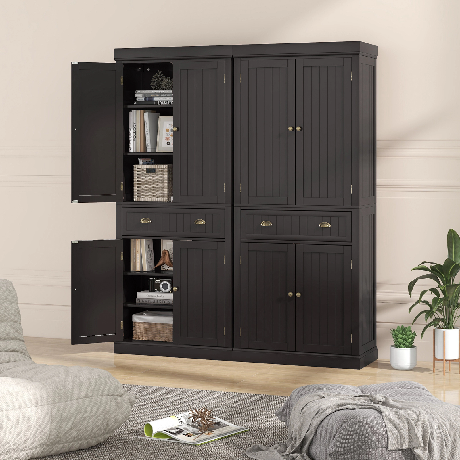 SUGIFT 72-in Tall Black Kitchen Pantry Cabinet with 4 Doors Adjustable Shelves and Freestanding Cupboard