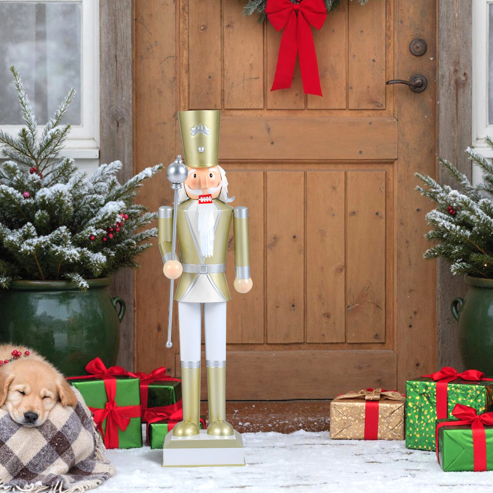 SUGIFT 32.5-in Christmas Nutcracker Figure with High Hat and Scepter White & Golden