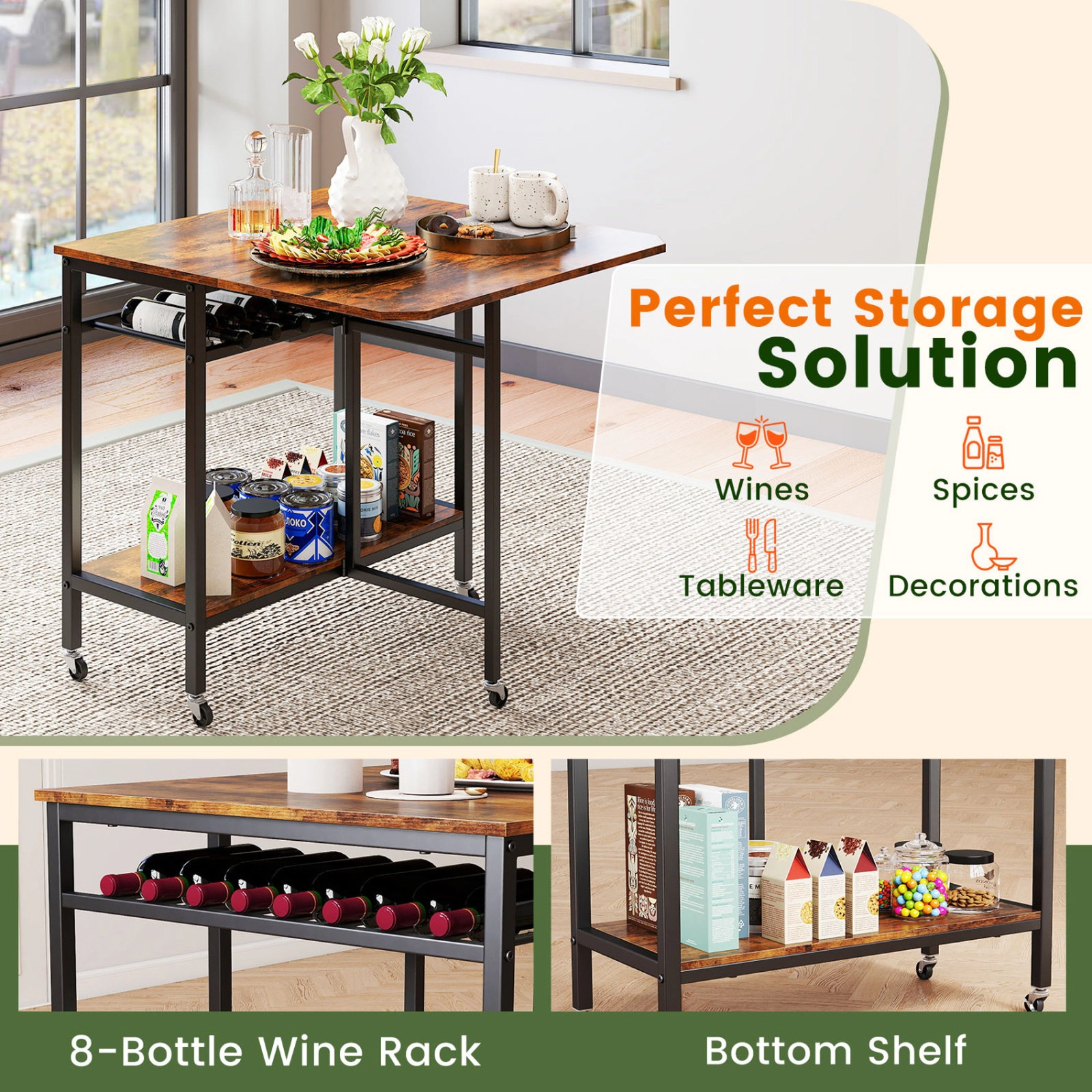 SUGIFT Rolling Drop-Leaf Dining Table with Wine Rack and Locking Casters