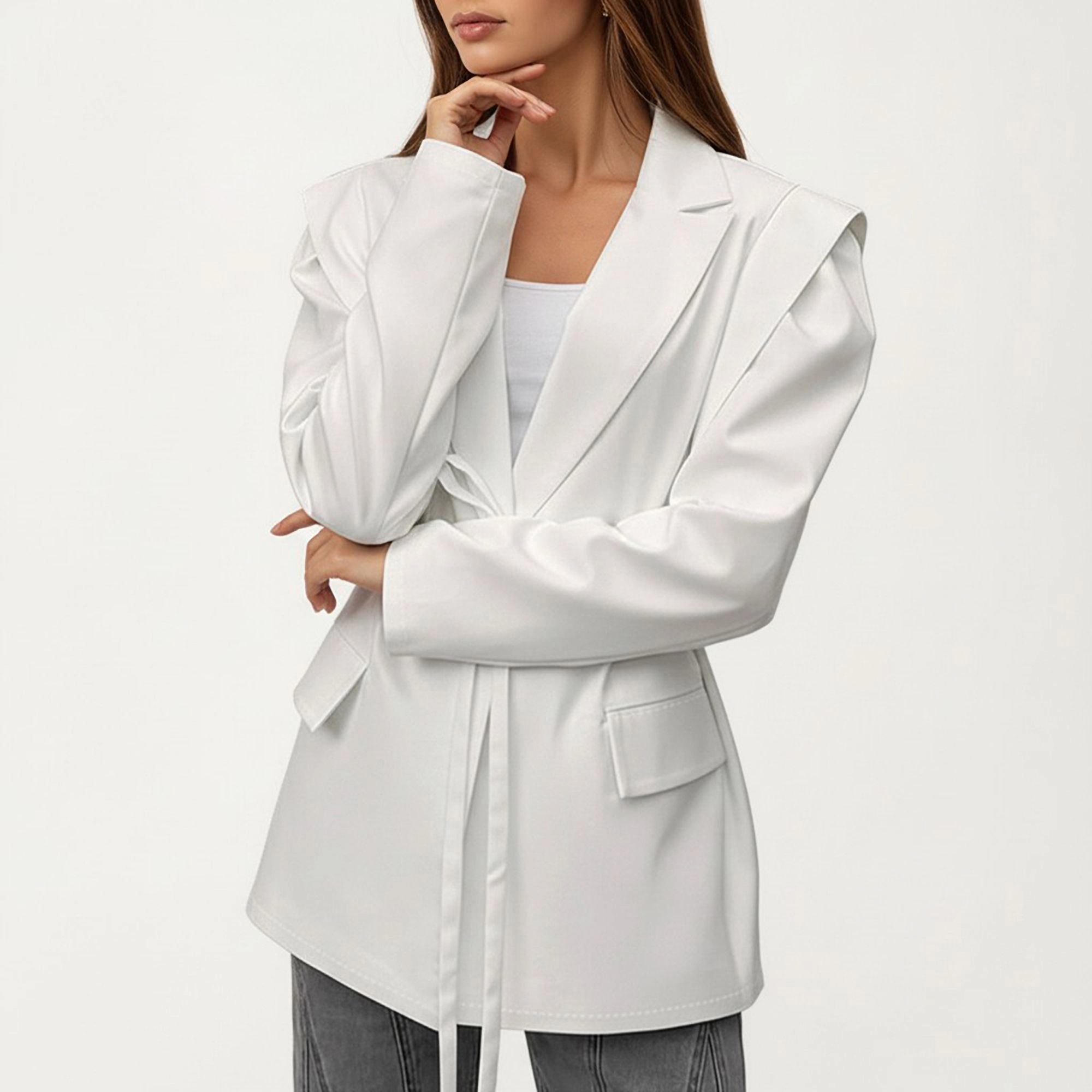 Anna-Kaci Women's Long Sleeve Tailored Blazer with Tie Waist and Structured Lapel