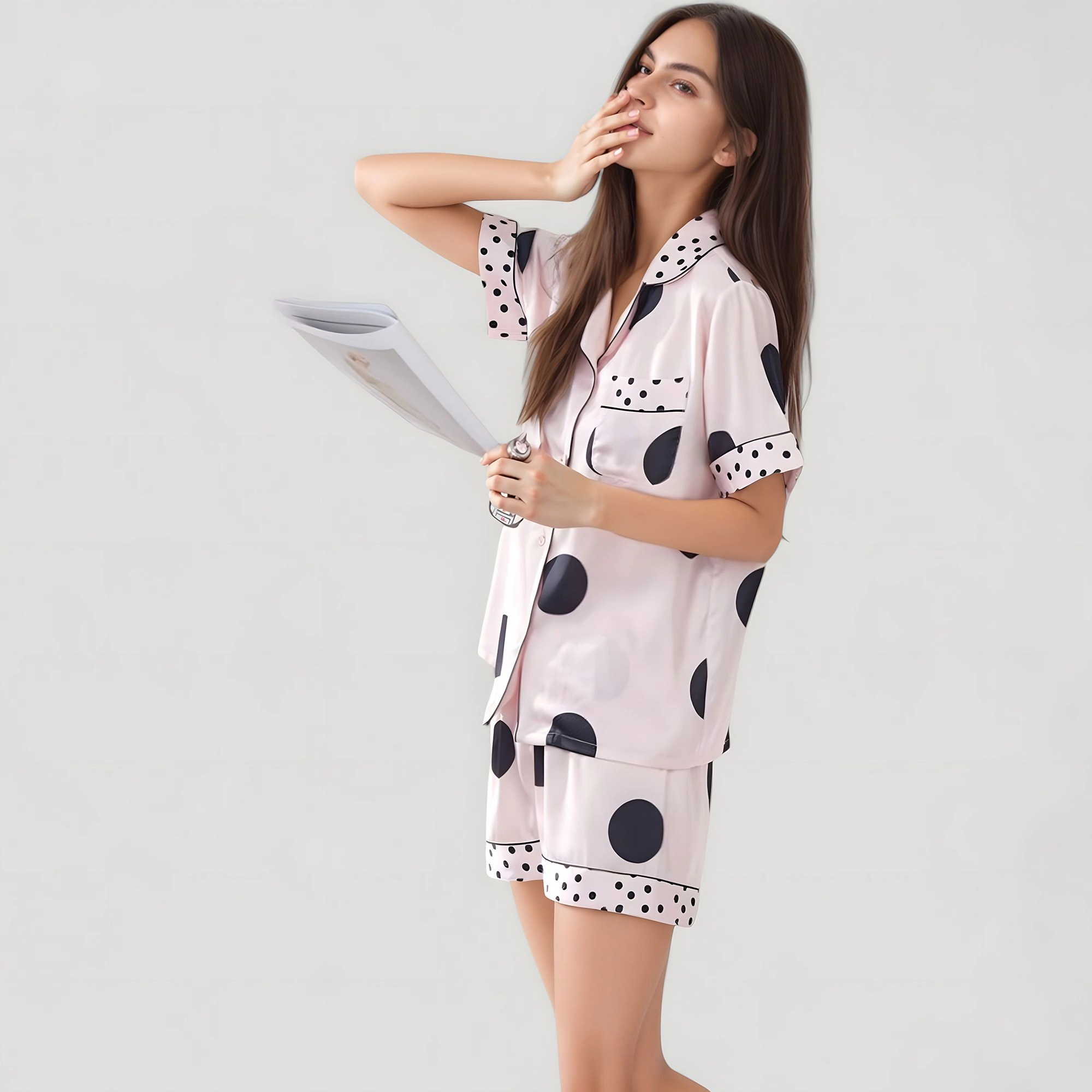Anna-Kaci Women's Satin Polka Dot Short Sleeve Pajama Set with Button Down Top and Contrast Trim Details