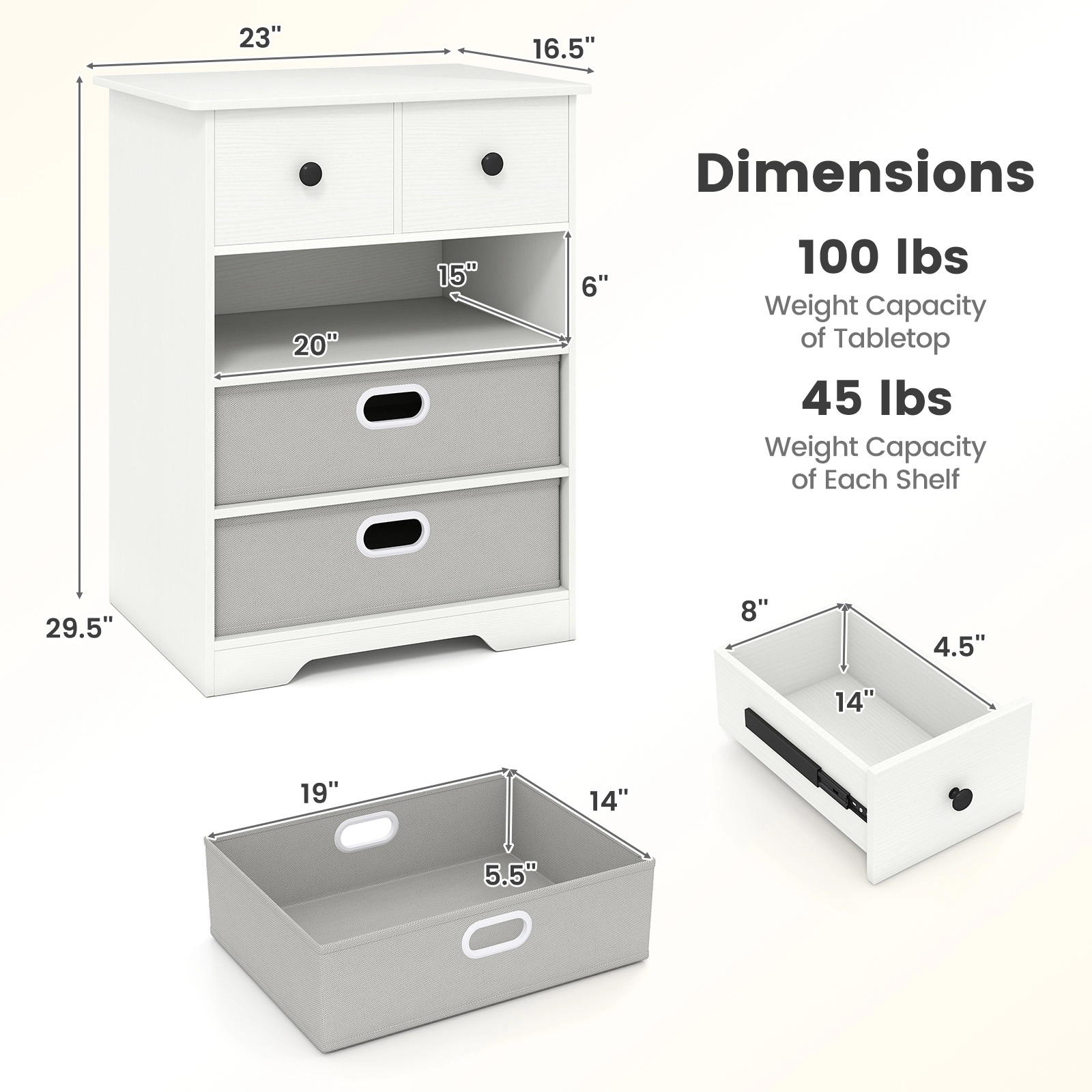 SUGIFT White Fabric Bins and Open Display Shelf 4-Drawer Dresser Chest