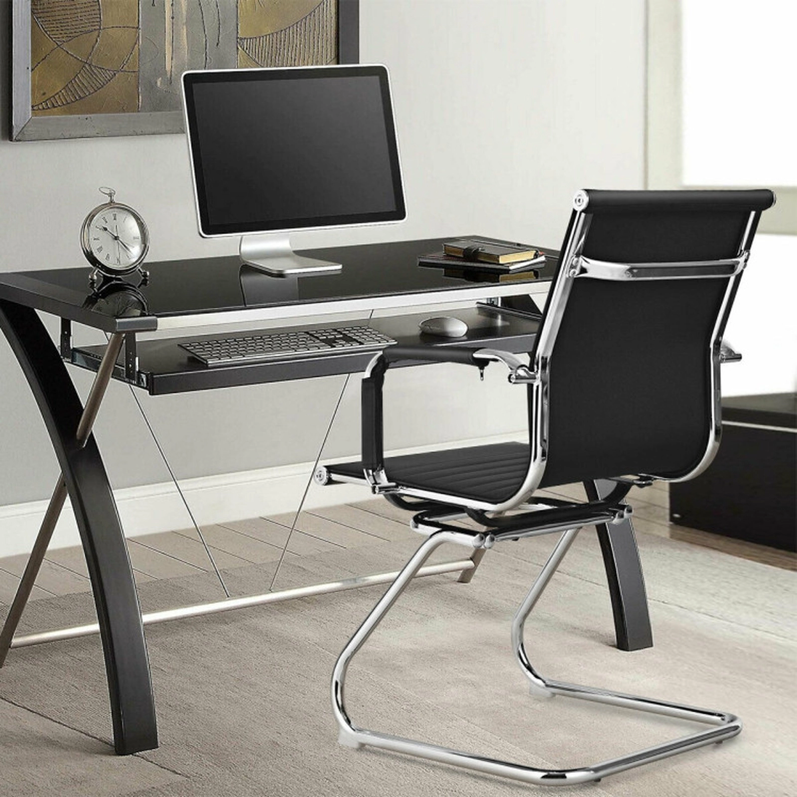 SUGIFT Set of 2 Heavy Duty PU Leather Conference Chairs with Armrests 265-Lb Capacity Black