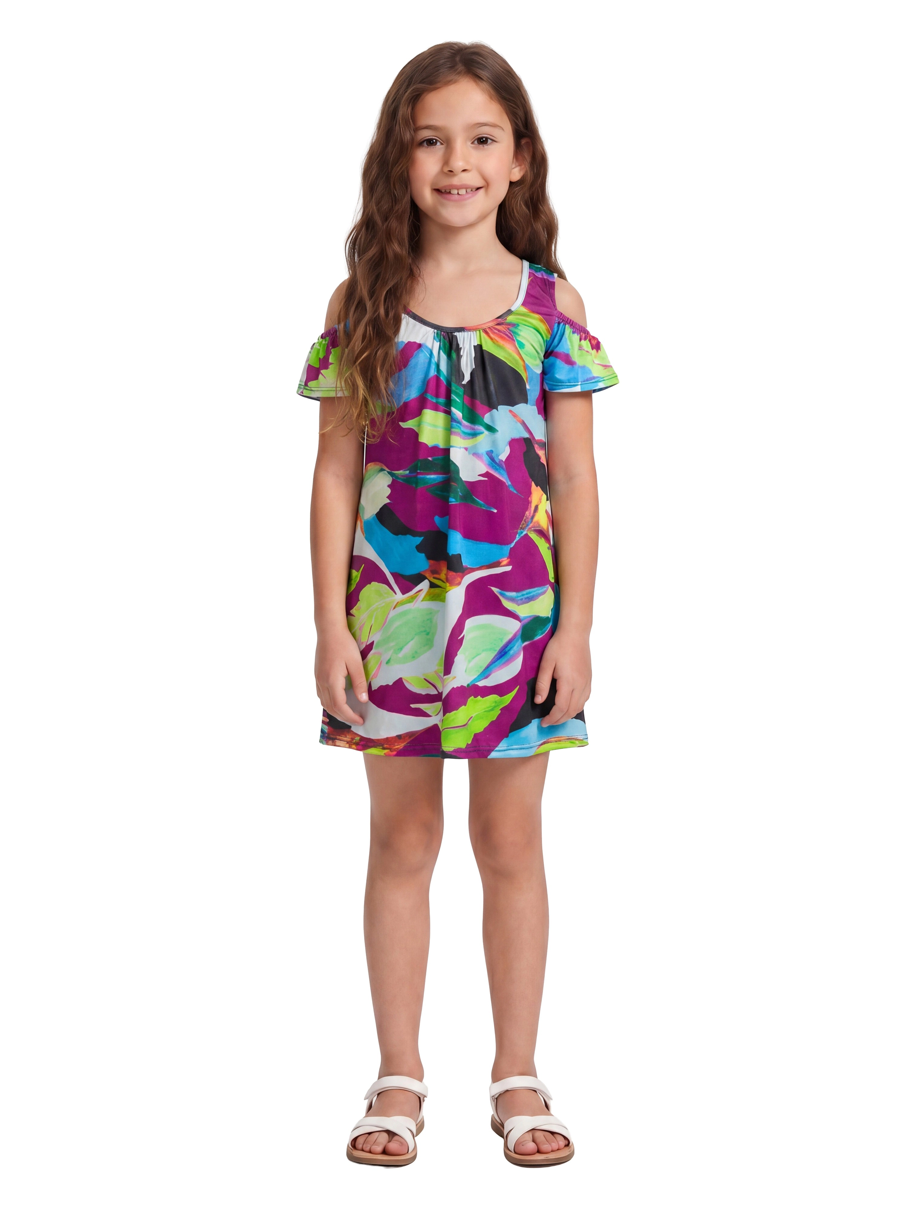 24sevenKid Essential Girls Multicolor Print Cold Shoulder A Line Dress