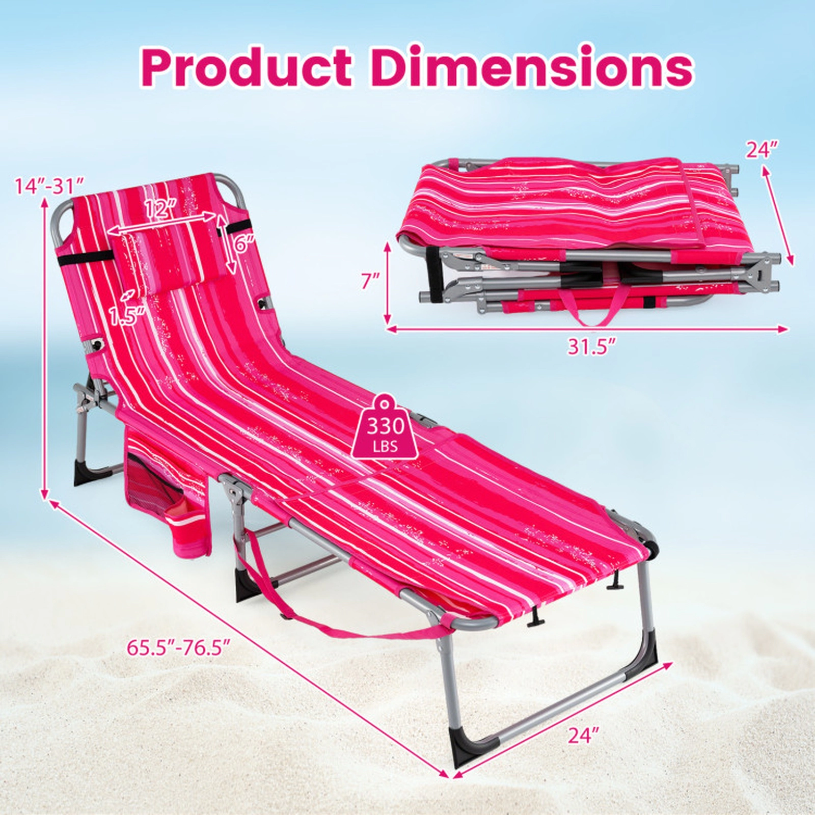SUGIFT Set of 2 Portable Tanning Chairs with Face and Arm Holes 330-Lb Capacity 76.5-in Adjustable Backrest Pink Strip