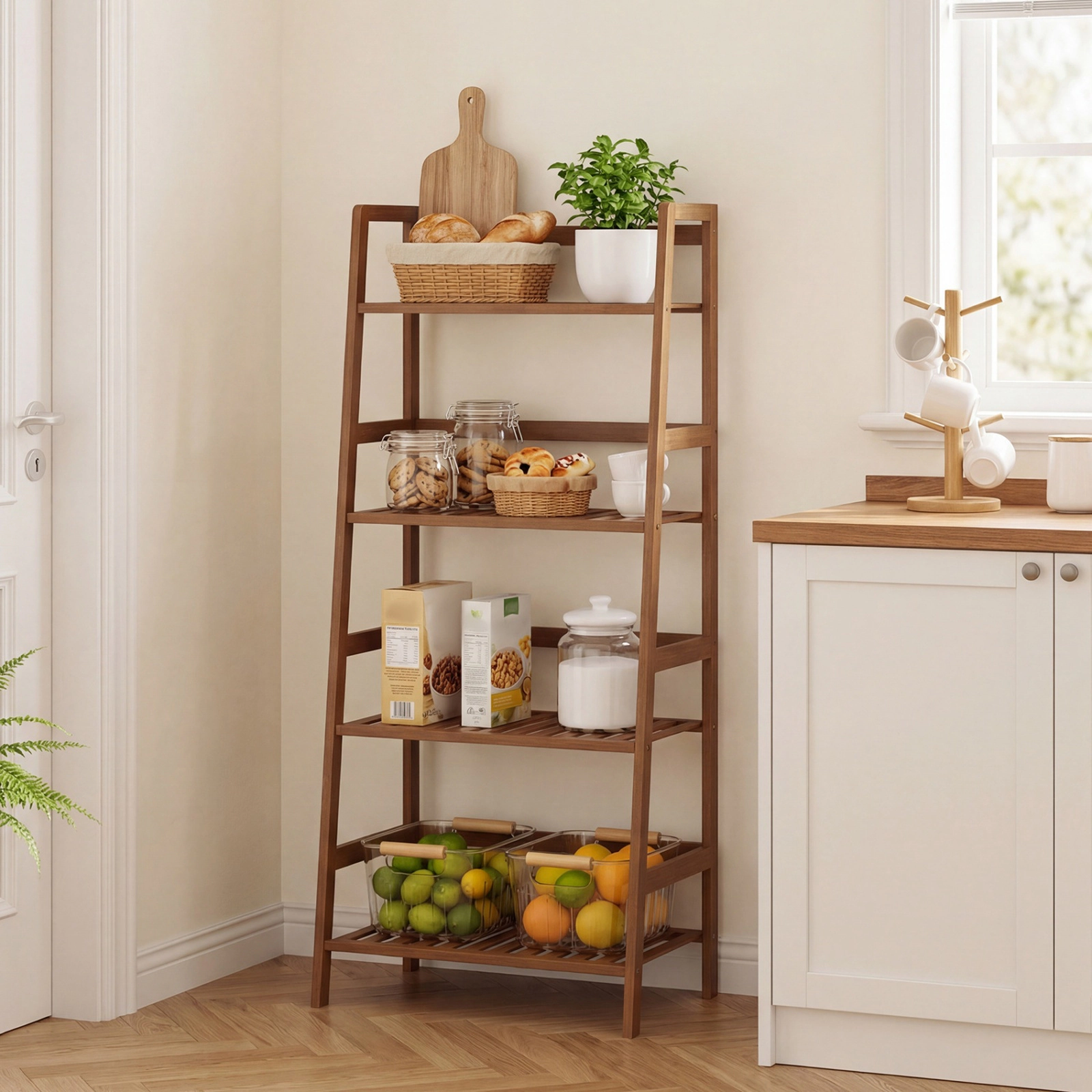 SUGIFT 4-Tier Space-Saving Bamboo Plant Rack with Guardrails 22-lb Capacity per Tier Walnut Brown Natural