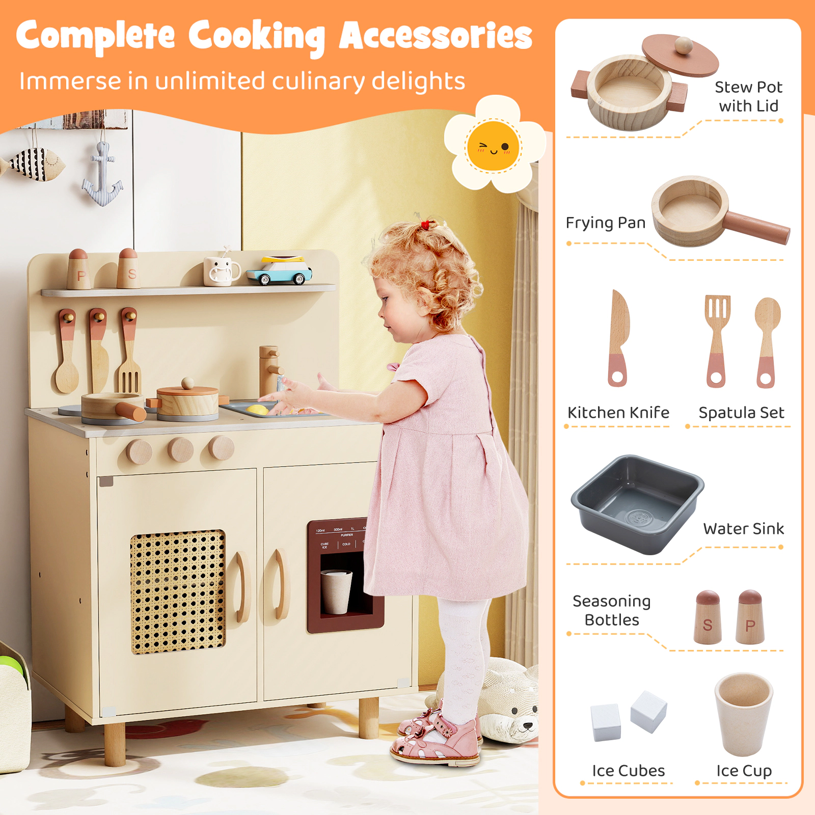Wooden Play Kitchen Working Ice Maker Detachable Shelf 20.5-in Kids Kitchen Playset Spice Rack Ages 3+ Yellow