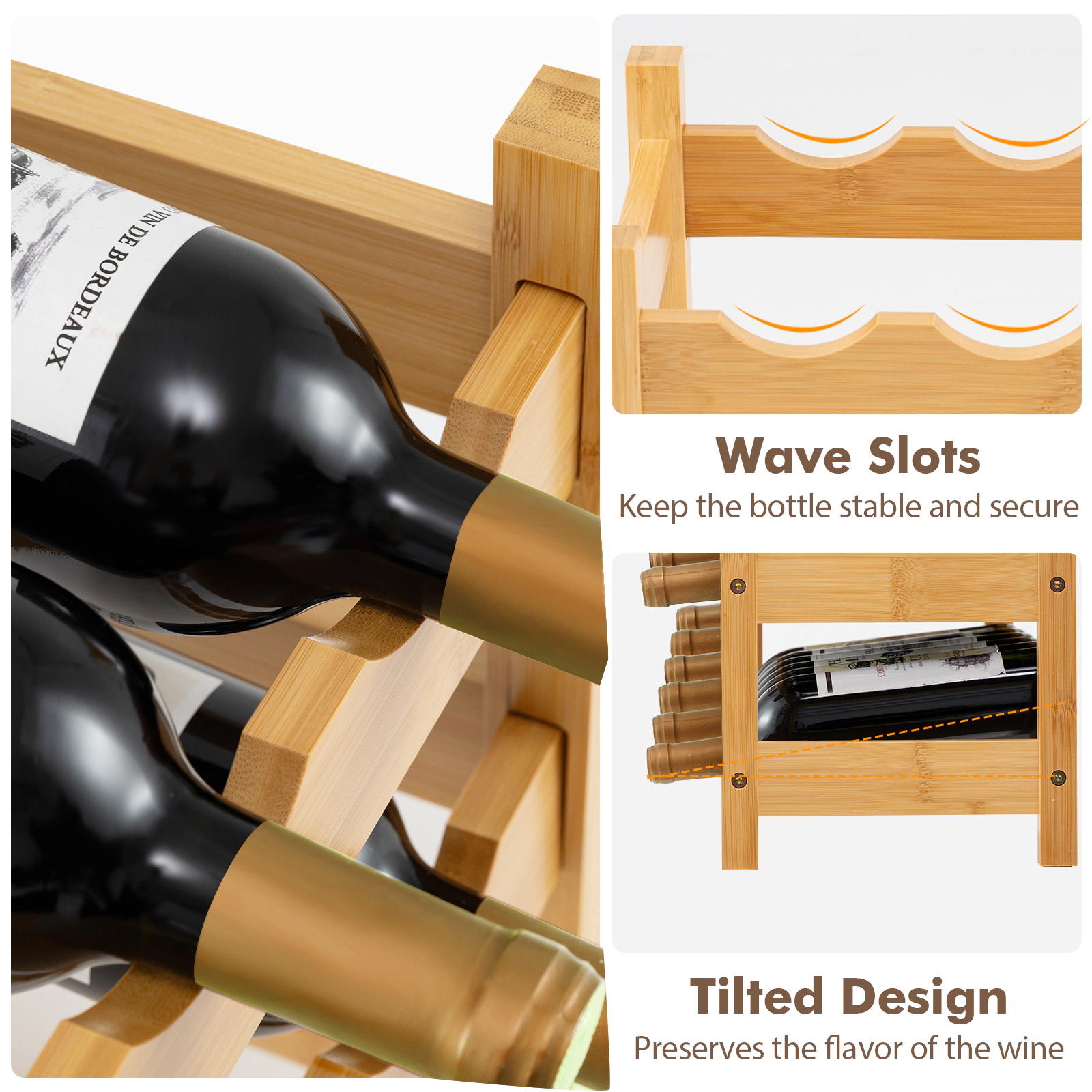 SUGIFT 3-Tier Bamboo Wine Rack Natural Freestanding Countertop Bottle Organizer