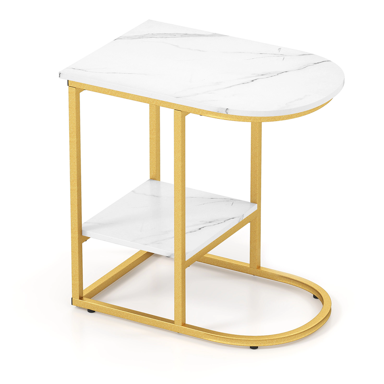 SUGIFT Faux Marble Top and Storage Shelf White C-Shaped Sofa Side Table