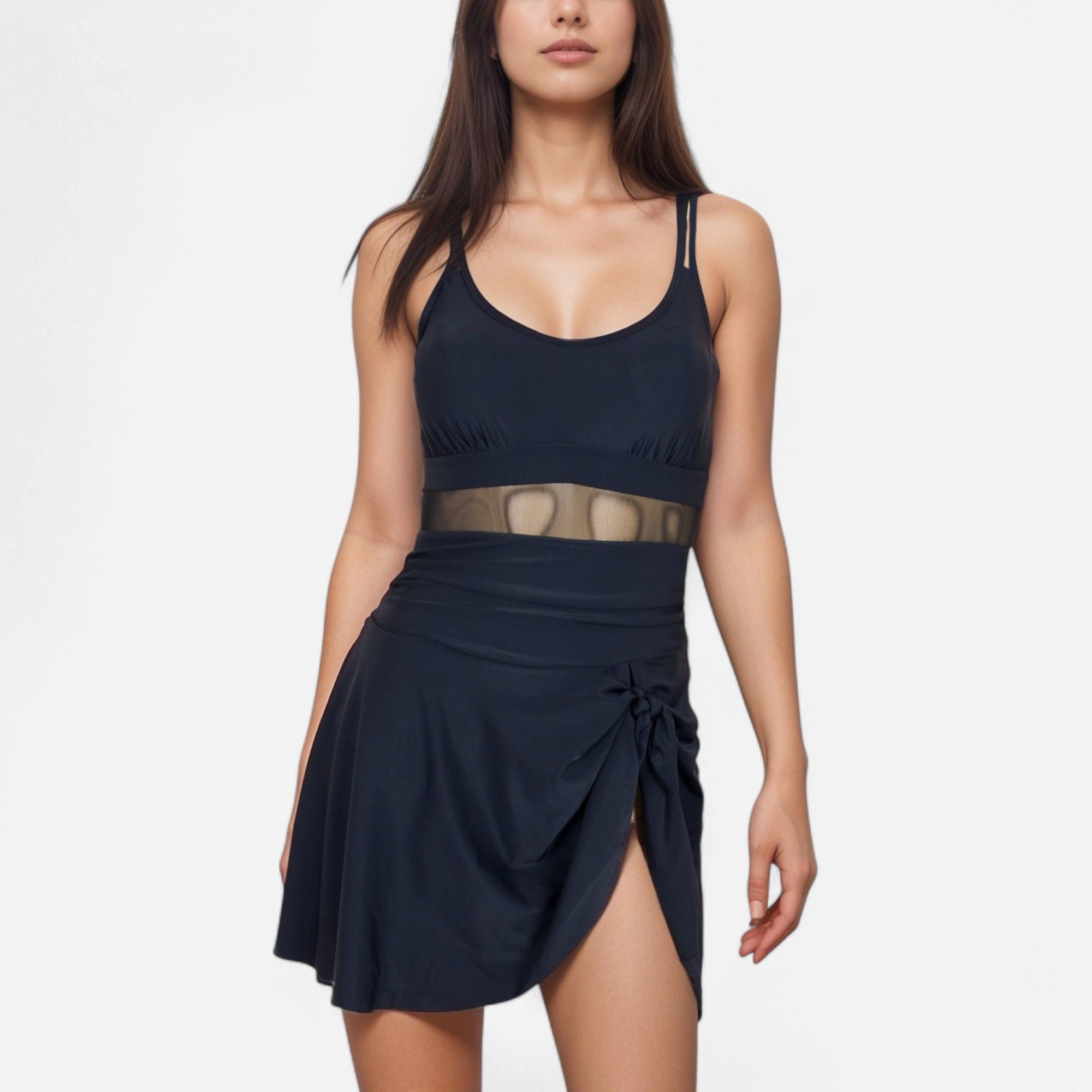 Anna-Kaci Women Mesh Panel One-Piece Swimsuit with Adjustable Spaghetti Straps and Side-Tie Swim Skirt