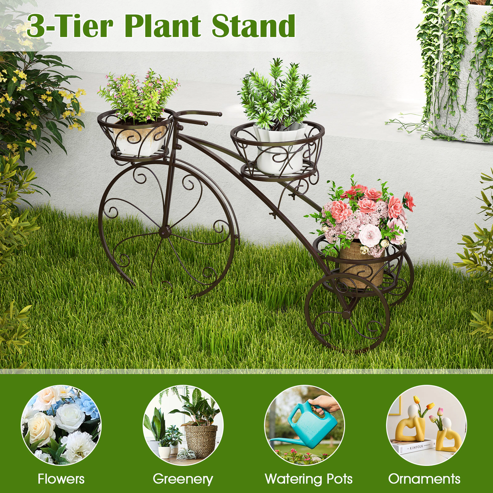 SUGIFT 3-Tier Tricycle Bicycle Metal Planter Flower Pot Stand Cart with Openwork Baskets for Patio
