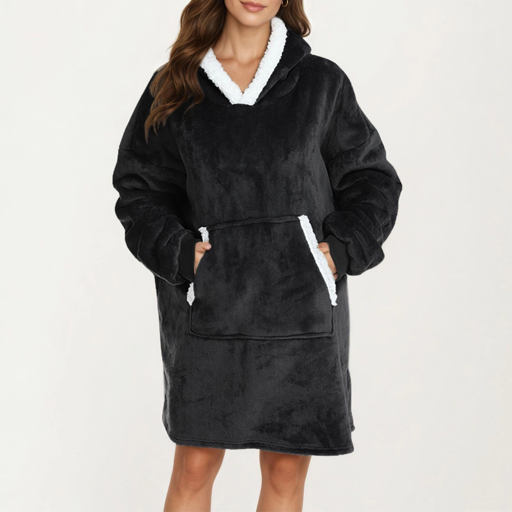 Anna-Kaci Women's Plush Hooded Lounge Dress with Faux Shearling Trim Long Sleeves and Front Kangaroo Pocket