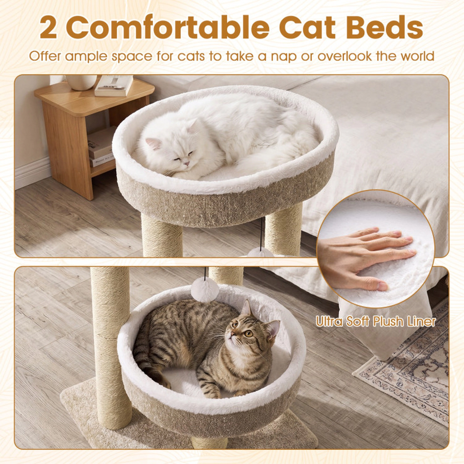 SUGIFT 24-in Cat Tree Tower with 2 Plush Perches Scratching Posts and Dangling Ball 33-lb Capacity White+Beige