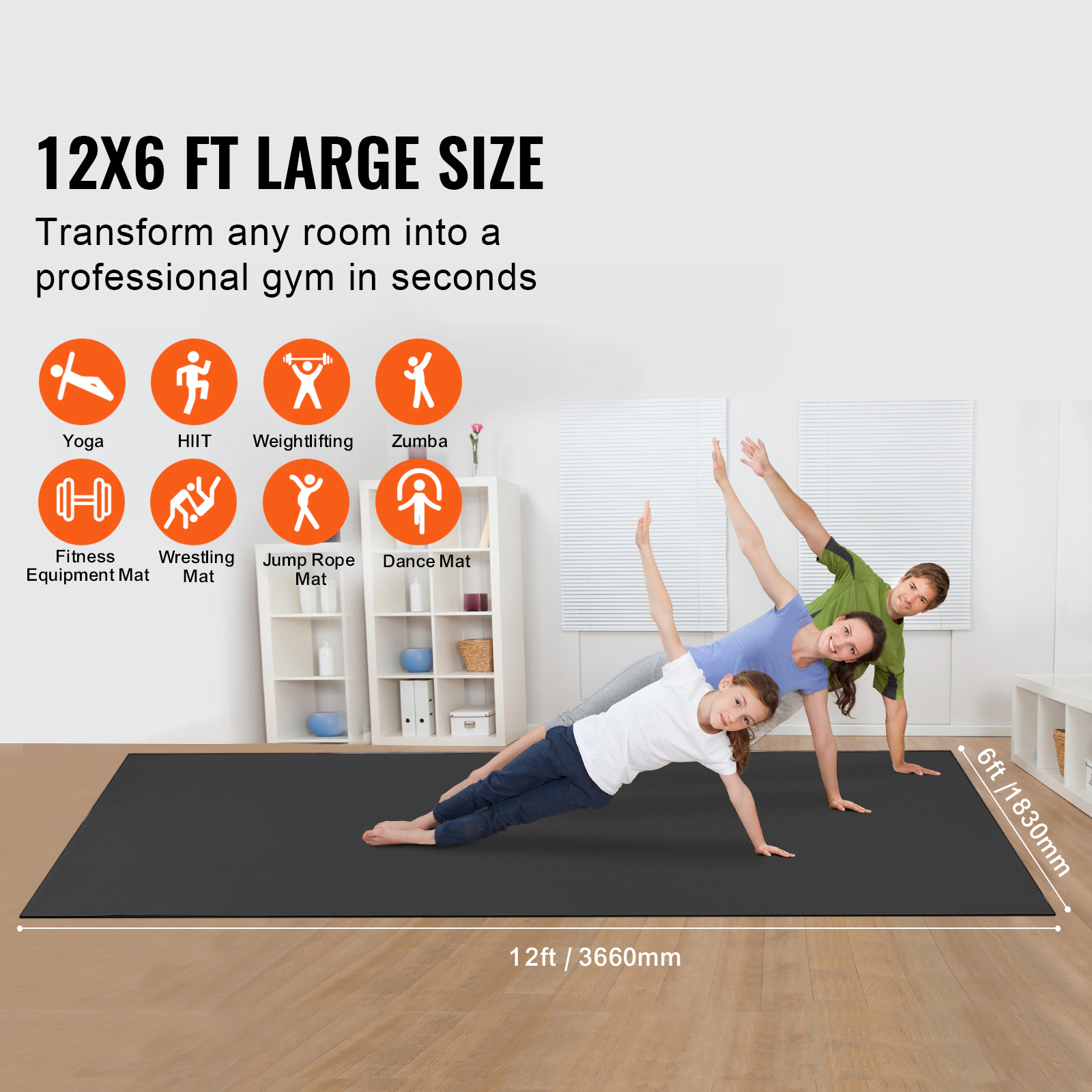 HONGGE XL Non-Slip Yoga Mat, 12x6 ft PVC Exercise Mat for 3-4 People, Home Gym Workout Mat with Carry Bag