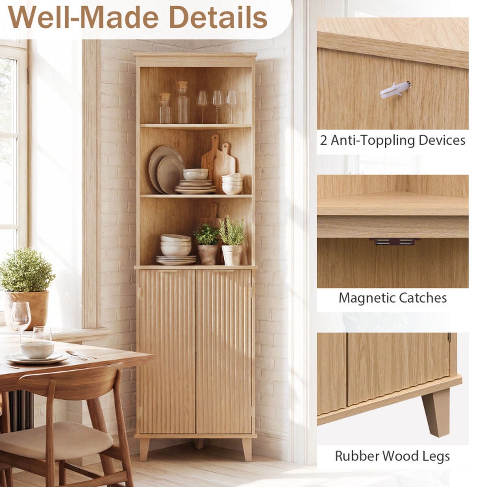 SUGIFT Oak 55-lb Per Shelf 68-in Tall Corner Bathroom Storage Cabinet with Fluted Doors and Rubber Wood Legs