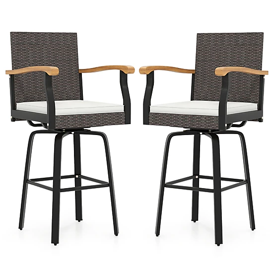 SUGIFT Swivel Rattan Patio Bar Stools Set of 2 with Acacia Wood ...