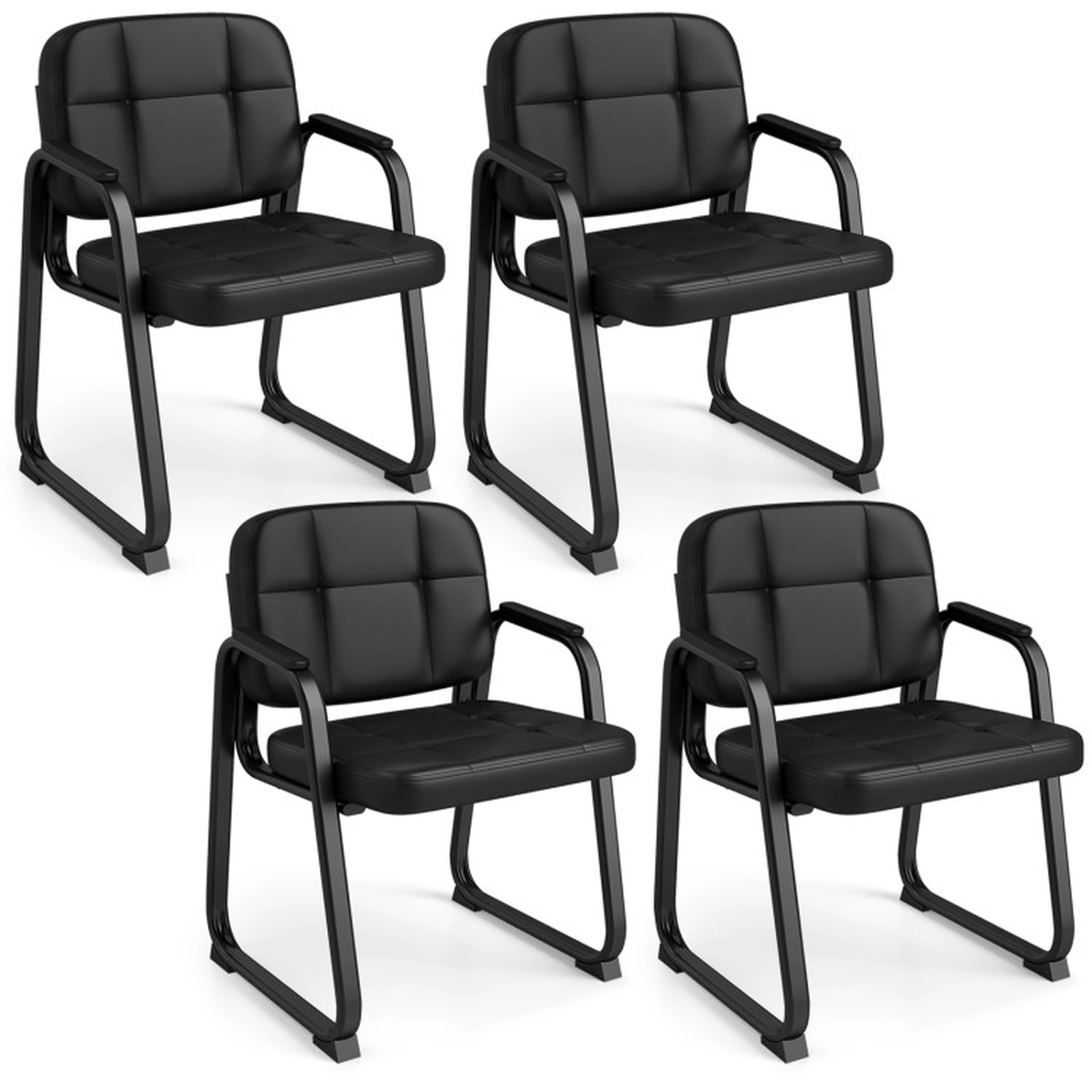 SUGIFT Set of 4 Black 330-lb Capacity PVC Leather Padded Armchairs with Sled Base and Cushioned Seat