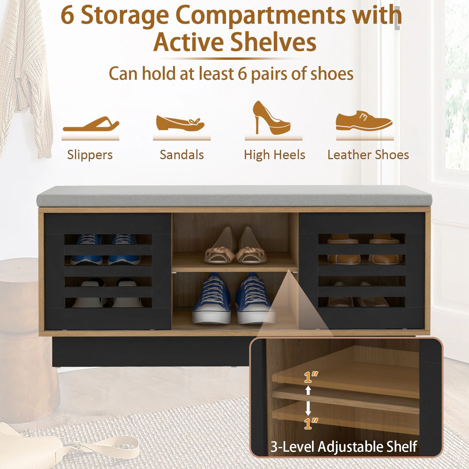 SUGIFT 39-in Shoe Storage Bench with 2 Sliding Doors 6 Compartments and Cushioned Entryway Window Seat