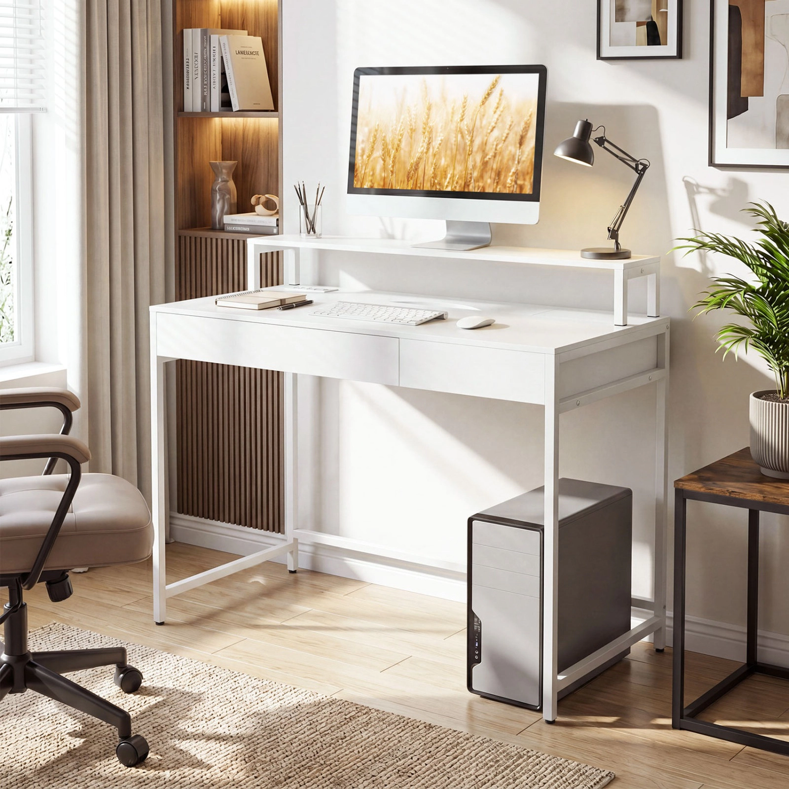 SUGIFT 39.5-in White Compact Computer Desk with Keyboard Tray, Removable Monitor Shelf and Power Outlet