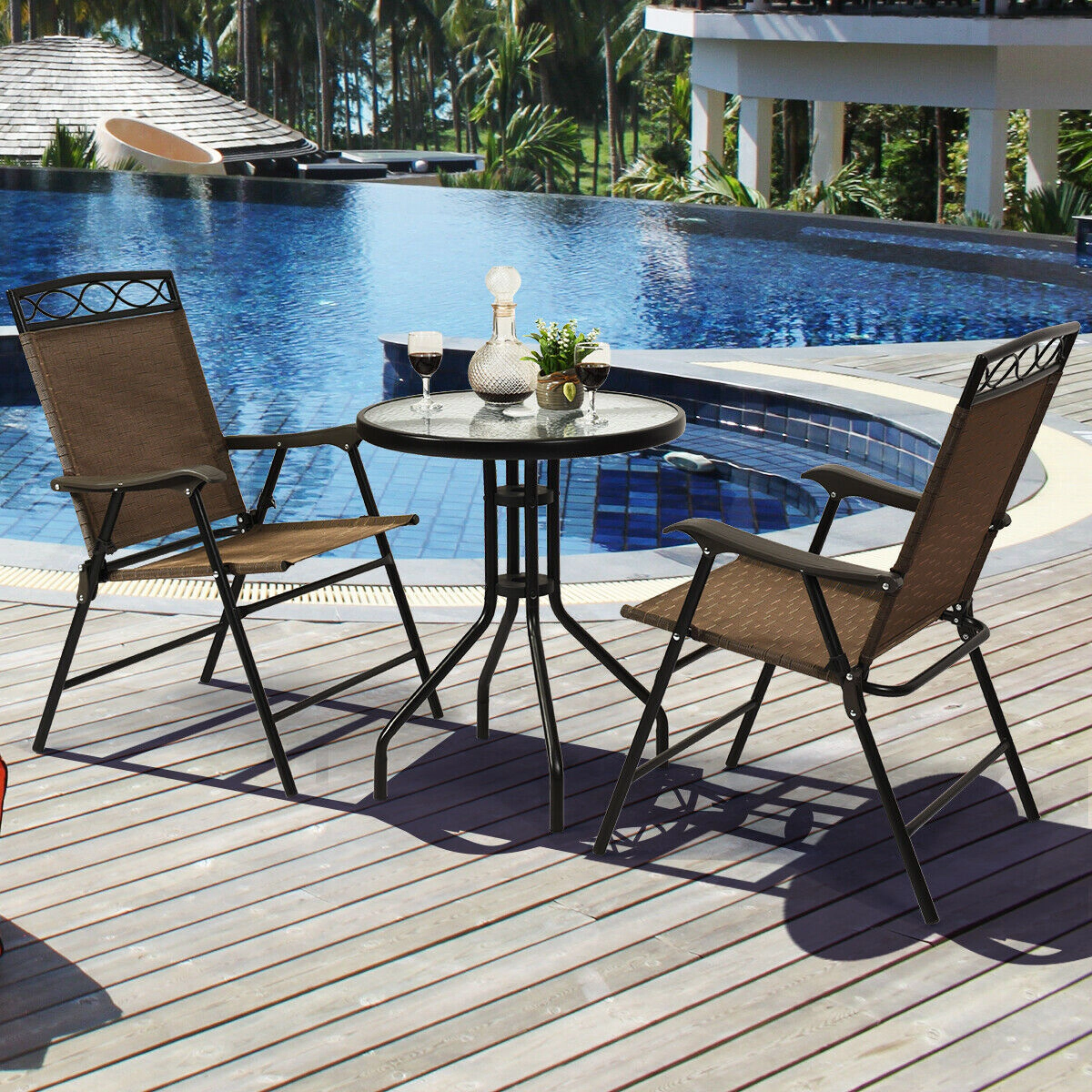 SUGIFT Bistro Dining Set with Tempered Glass Table 135-lb Table 330-lb Chairs 1.57-in Umbrella Hole Brown and Black