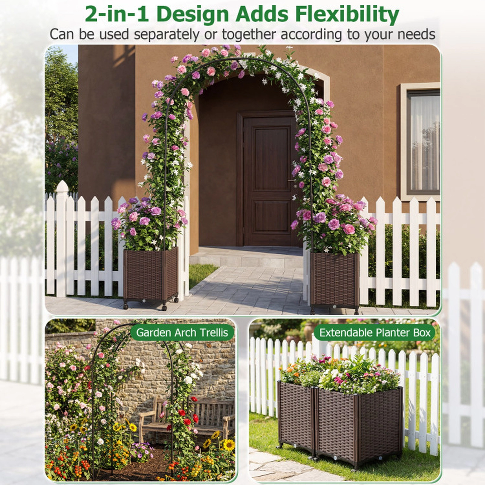 SUGIFT 91-in Black Garden Arch Trellis with 2 Self-Watering Planter Boxes and 4 Universal Wheels