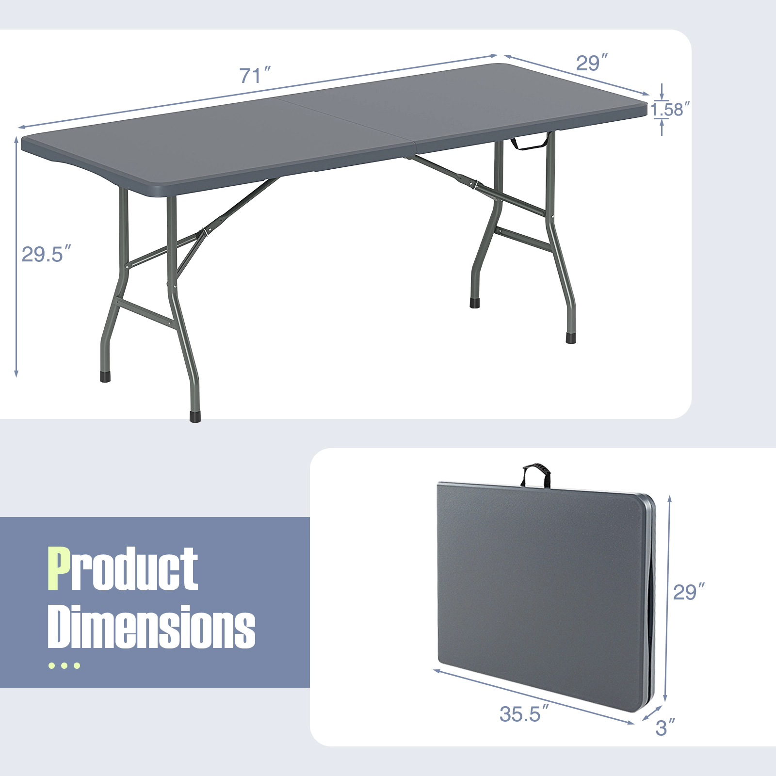 SUGIFT 6-Foot Gray Folding Table, 350-lb Capacity, HDPE Top, Carrying Handle