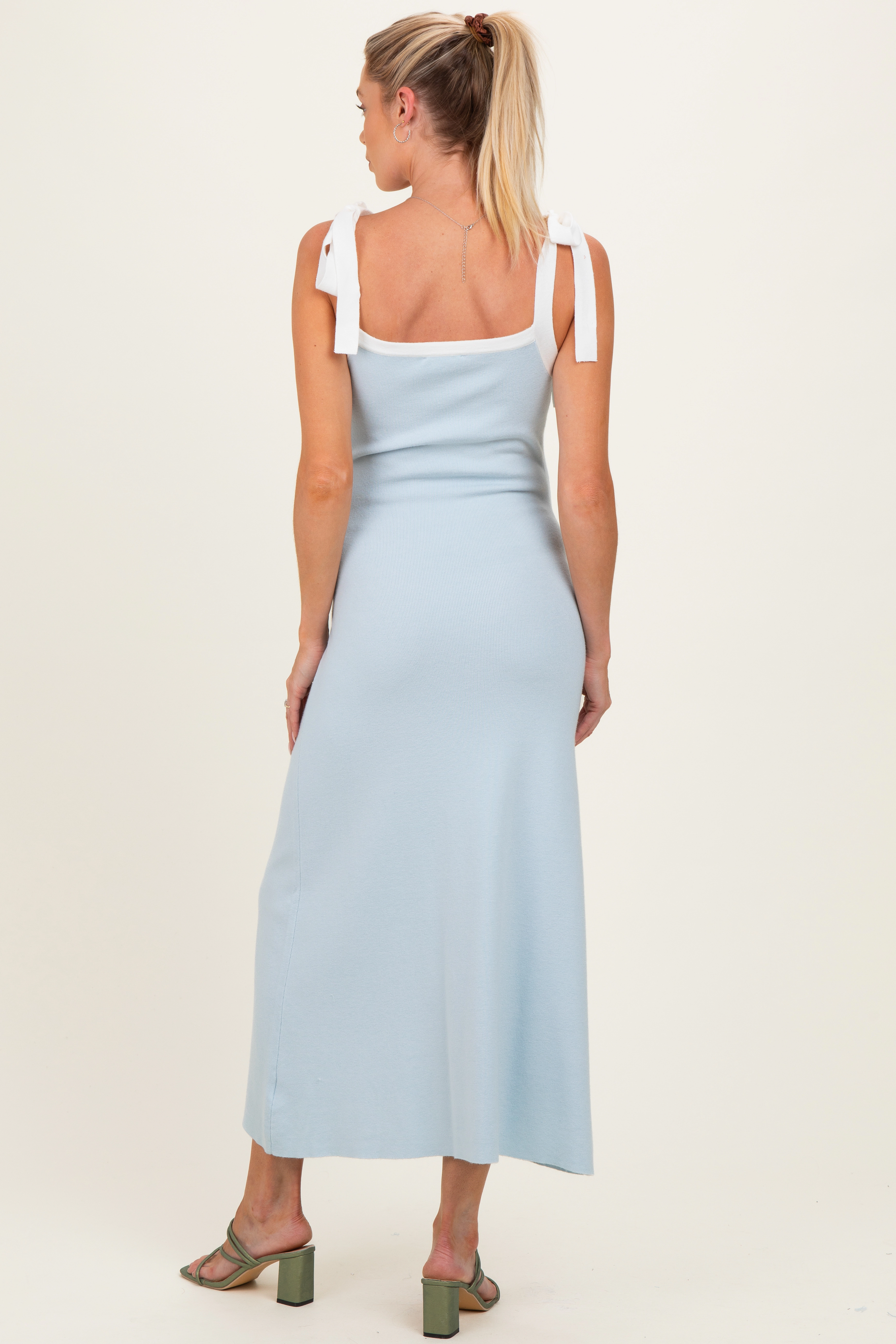 PinkBlush Womens Light Blue Knit Contrast Shoulder Tie Maternity Dress