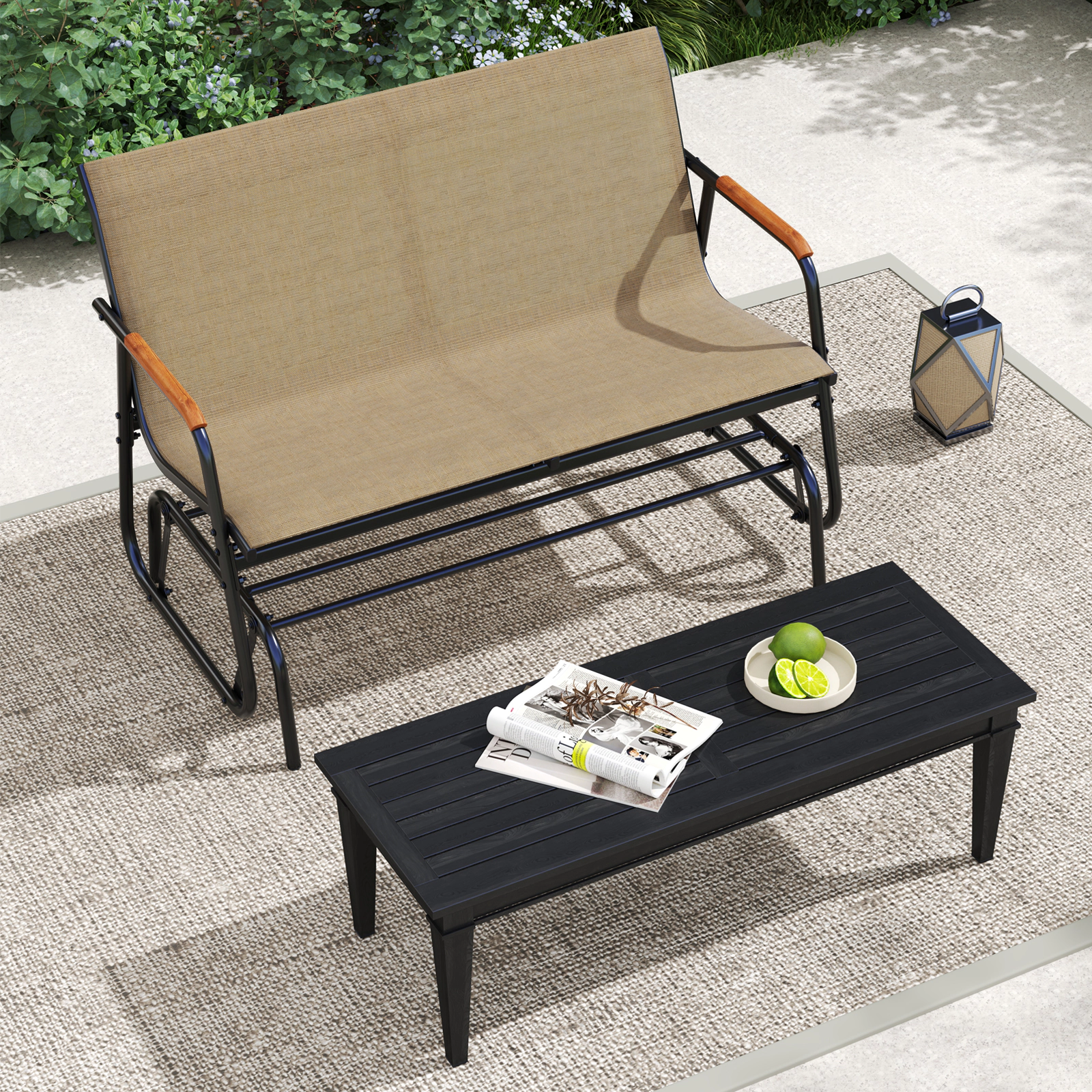 LJG Patio Glider Bench with Curved Teak Armrests and Breathable Fabric Seat for 2 People