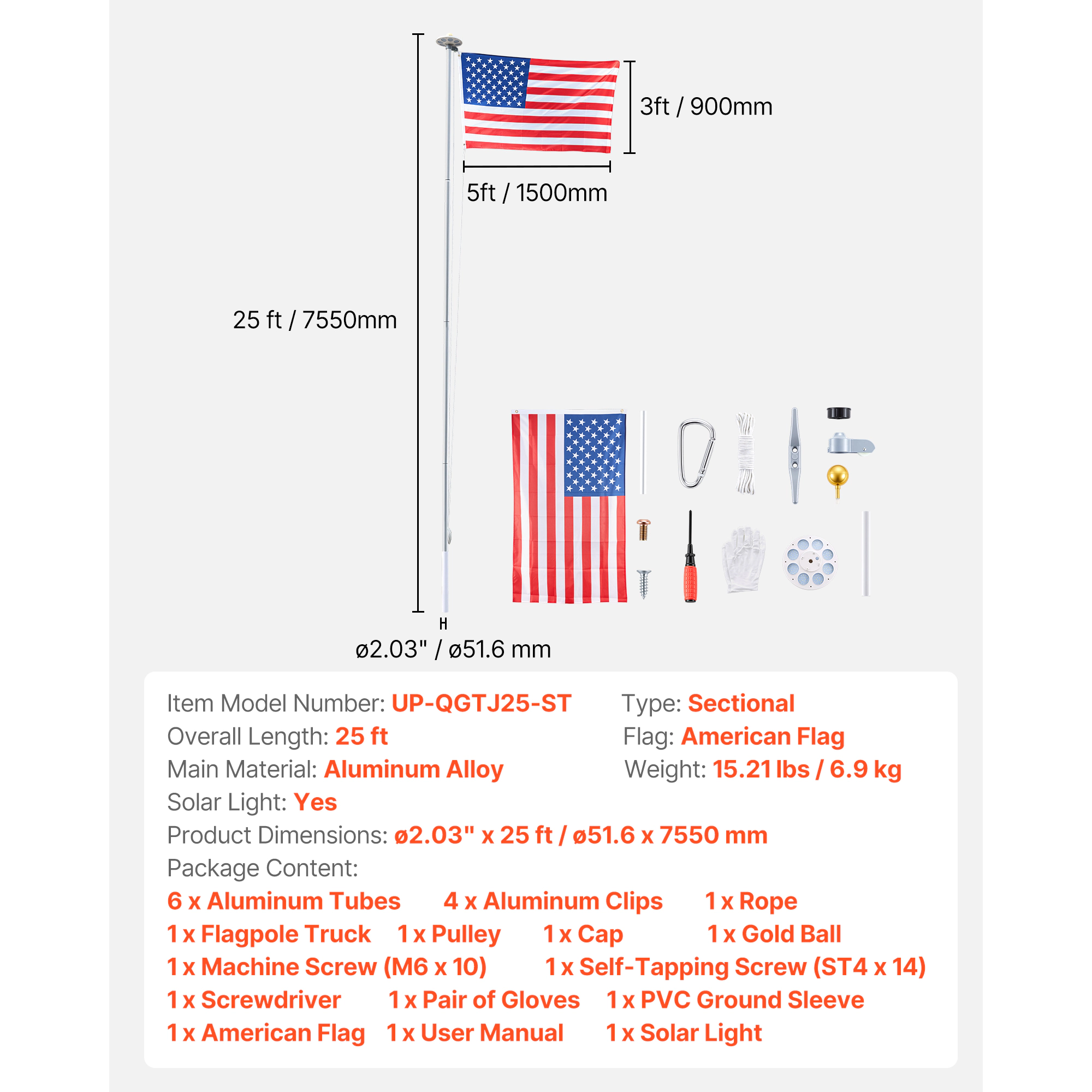 HONGGE 25 ft Sectional Flag Pole Kit with Solar LED Light, Heavy Duty Aluminum, 3x5 American Flag, In-Ground, Silver