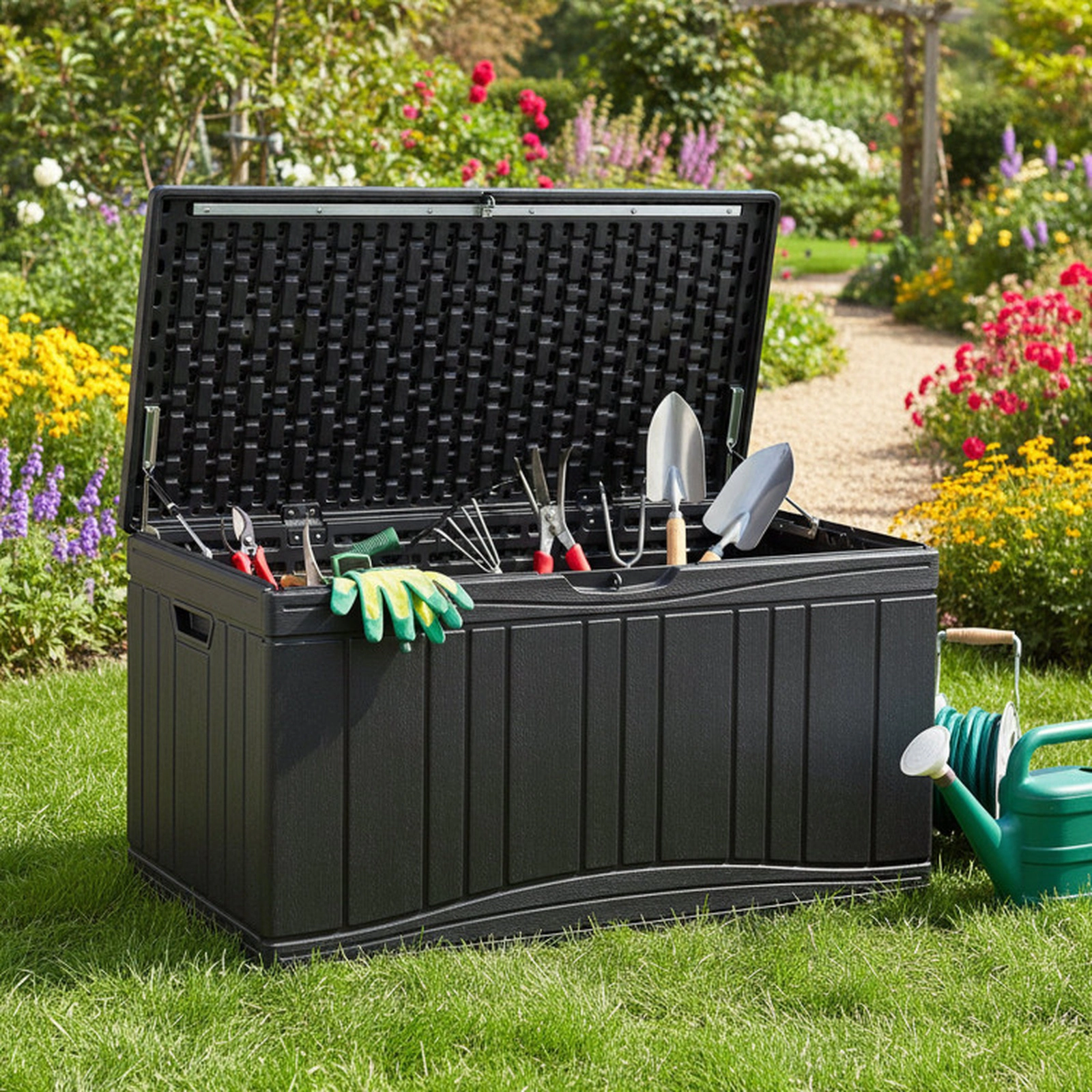 SUGIFT 80-Gallon Honeycomb Structure Lockable HDPE Outdoor Deck Storage Box 45-in x 22-in x 24-in 330-lb Black
