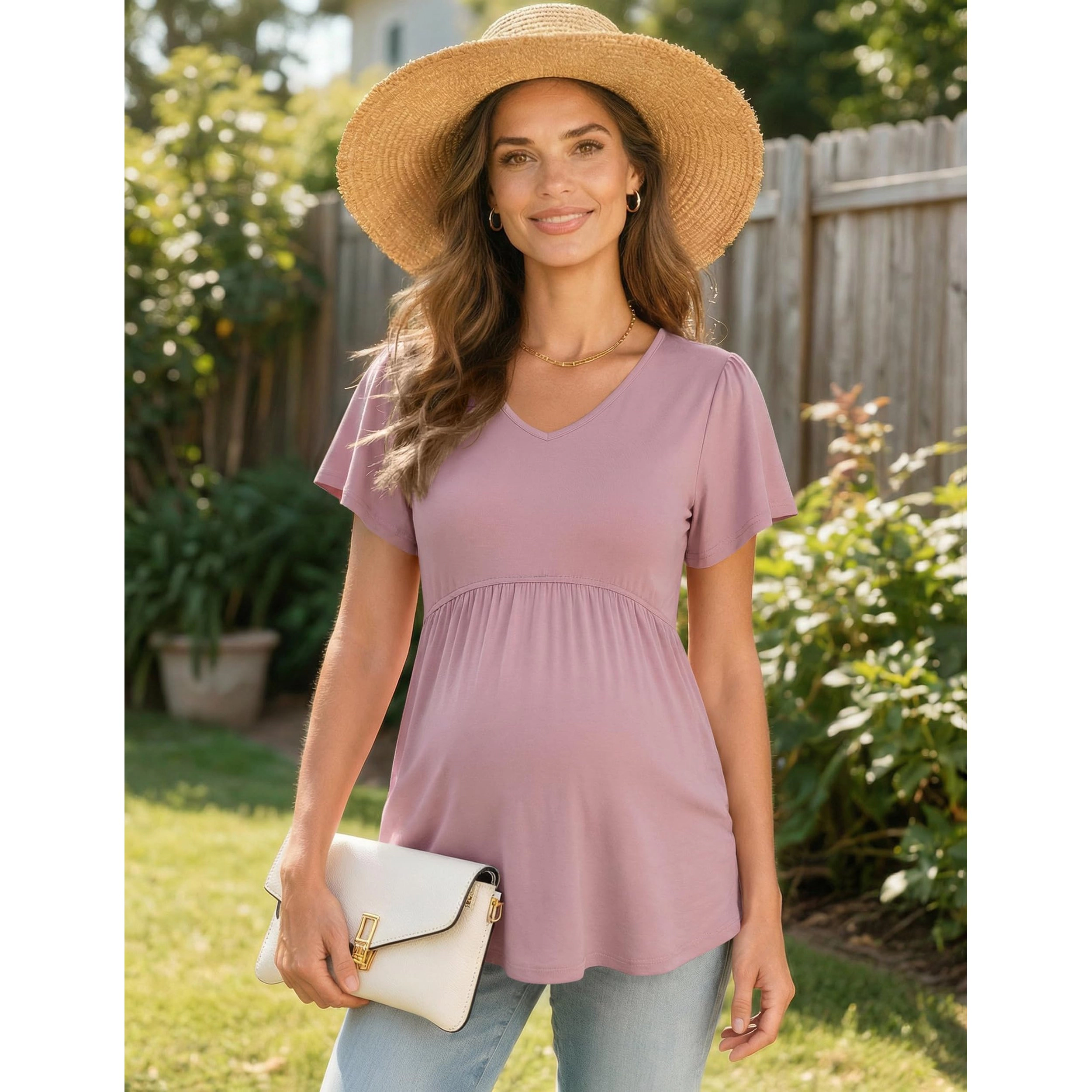 Ekouaer Women's Maternity V Neck Short Sleeve Pleated Tunic Blouse