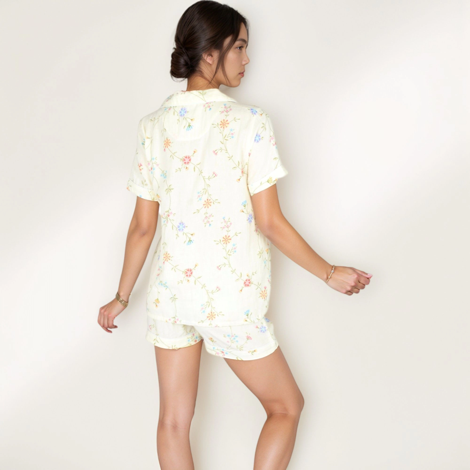 Anna-Kaci Women's Floral Short Sleeve Button Up Pajama Shirt and Lounge Shorts Set with Rolled Cuffs