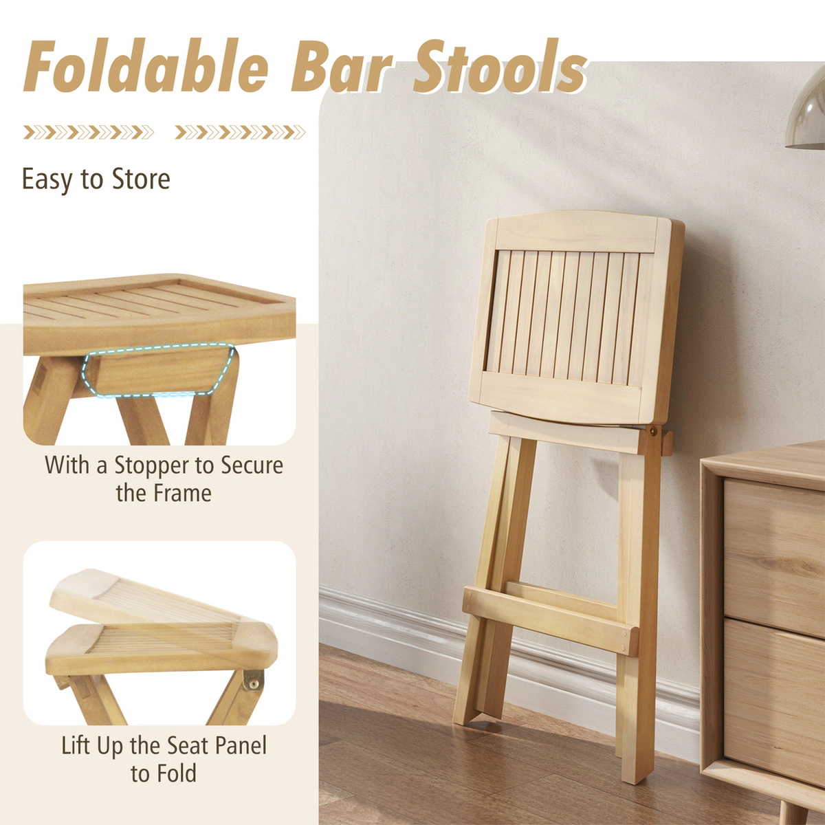 SUGIFT Set of 2 Folding Teak Wood Bar Stools with Saddle Seat 350-lb Capacity Natural Outdoor Bar Seating