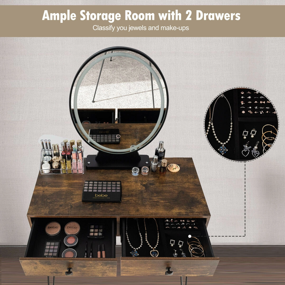 LJG Industrial Makeup Dressing Table with 3 Lighting Modes