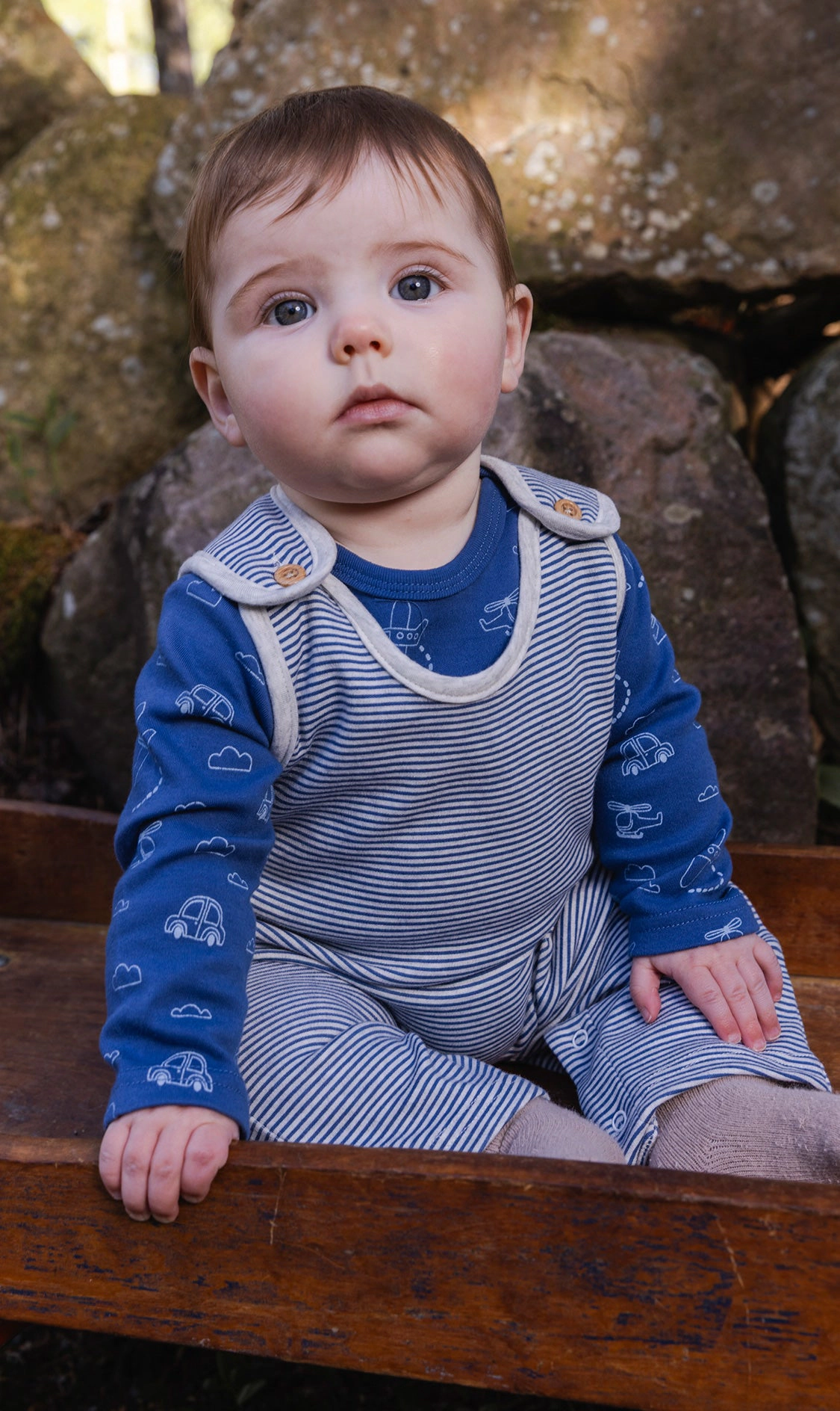 Deux par Boys Organic Cotton Onesie and Overalls Set with Transportation Print