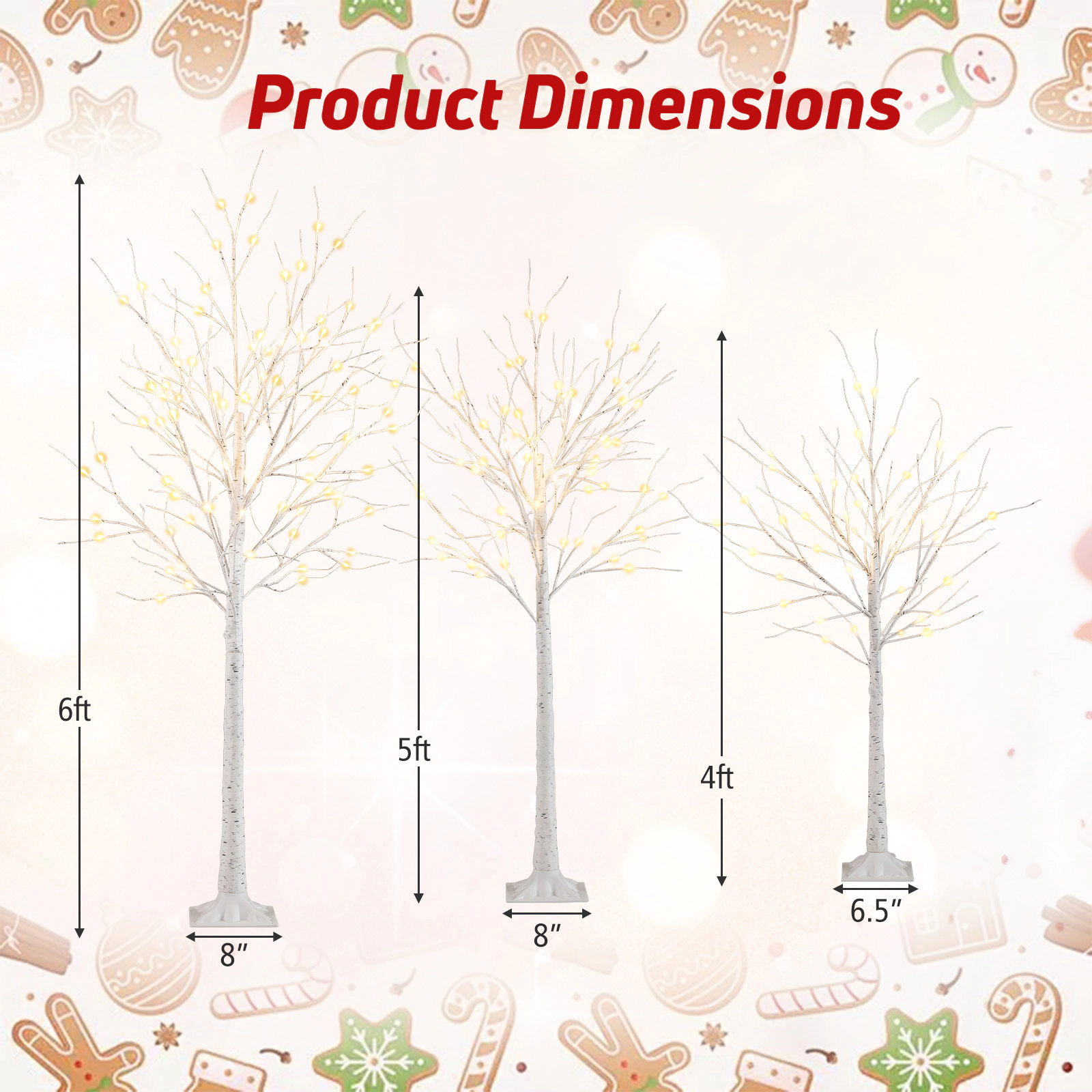 LJG Lighted Birch Tree Set of 3 with 4/5/6 FT Pre-Lit Artificial Christmas Tree for Holiday Party